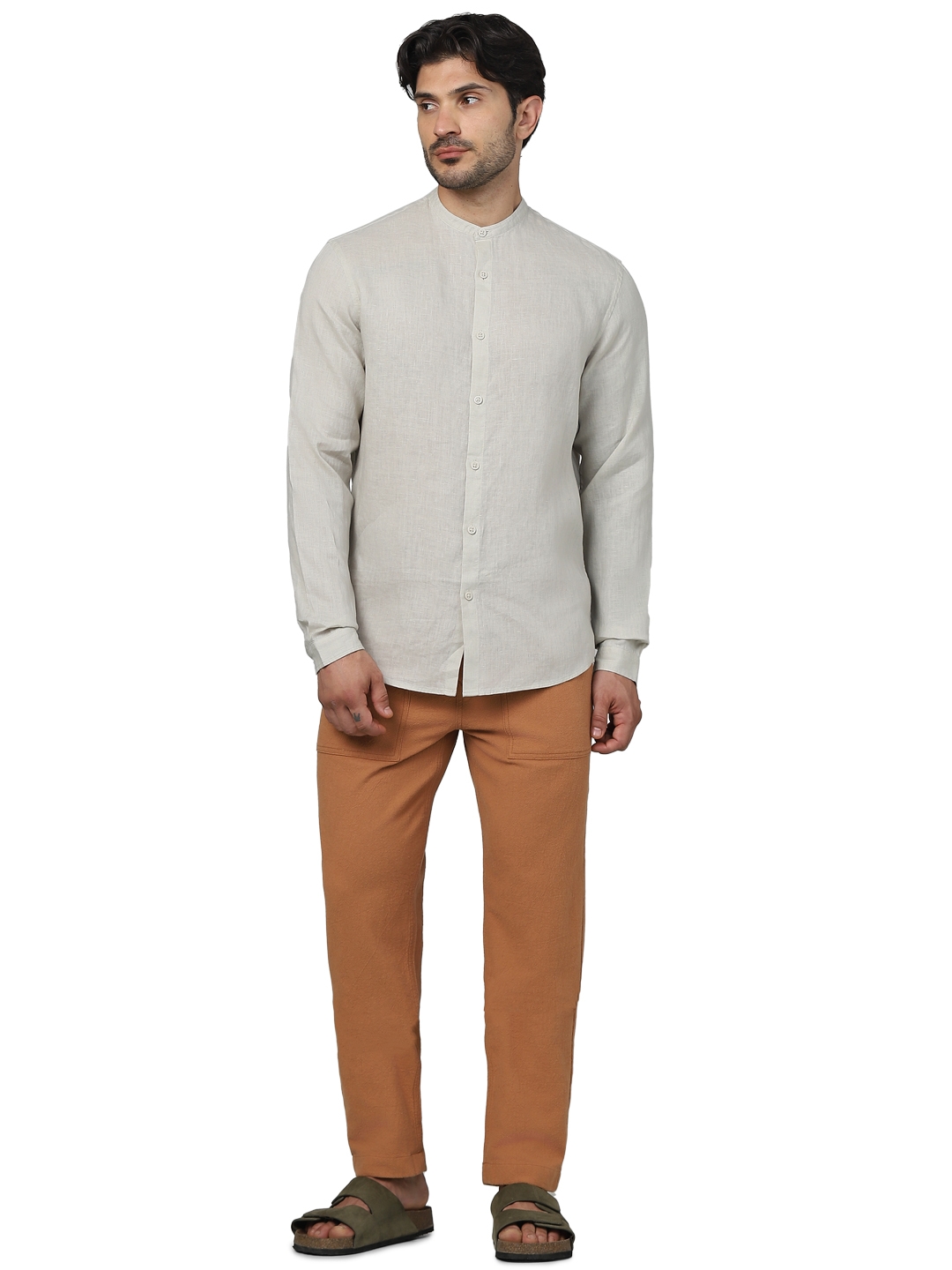Celio Men Beige Solid Regular Fit Linen Shirts