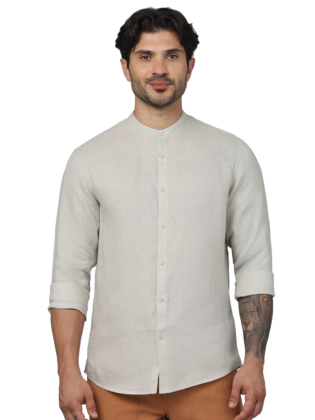 celio | Celio Men Beige Solid Regular Fit Linen Shirts