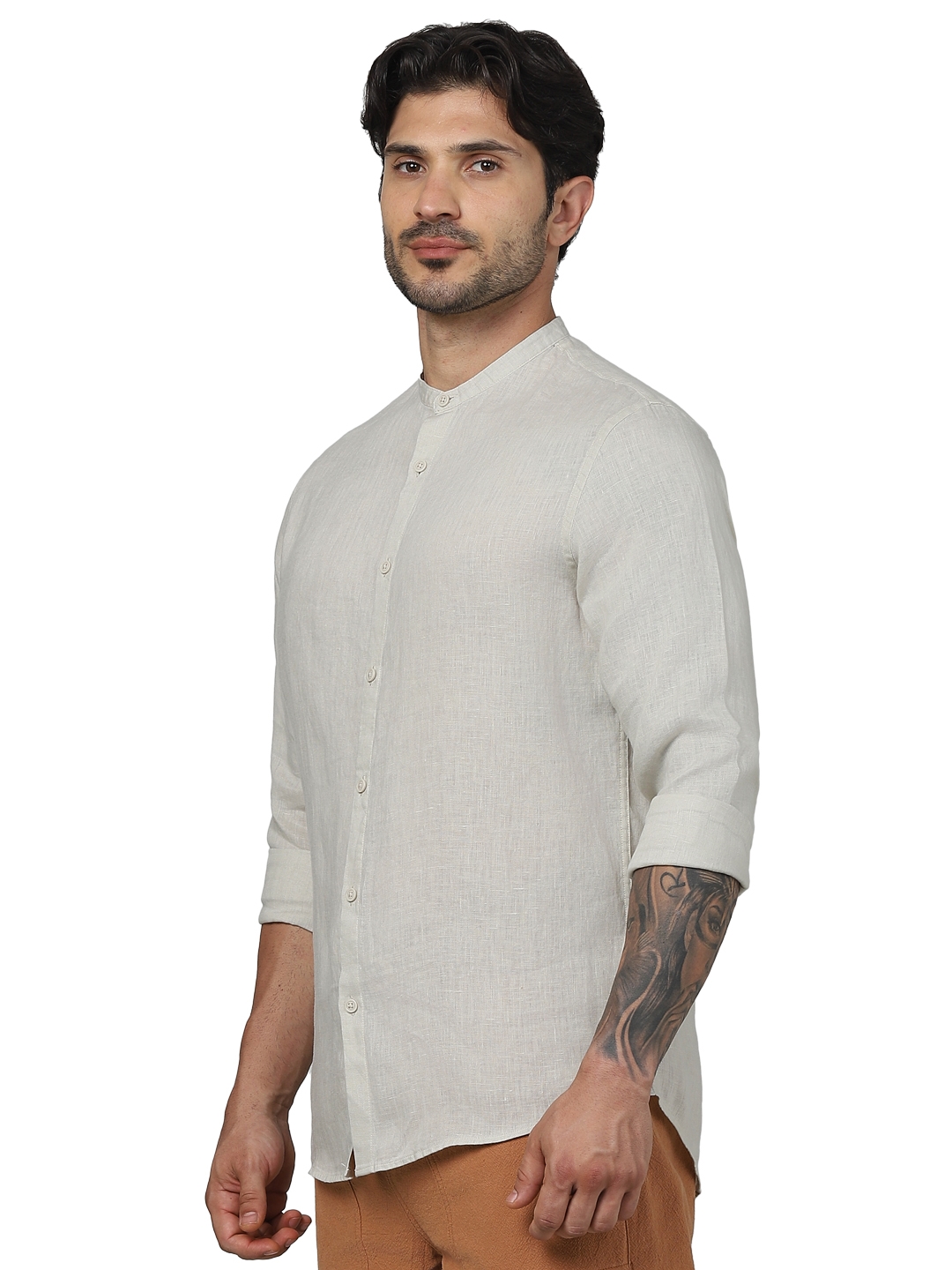 Celio Men Beige Solid Regular Fit Linen Shirts