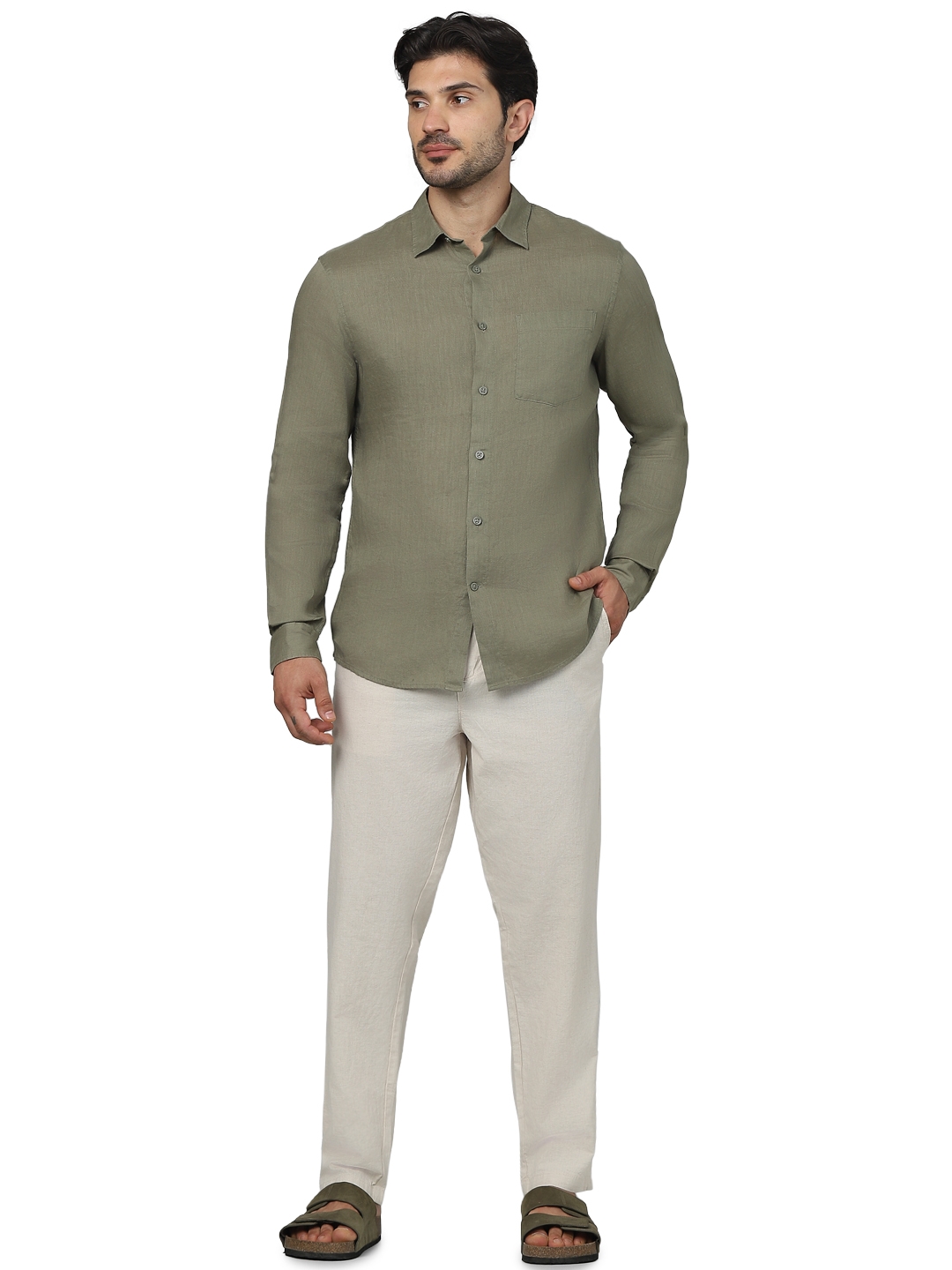 Celio Men Khaki Solid Regular Fit Linen Shirts