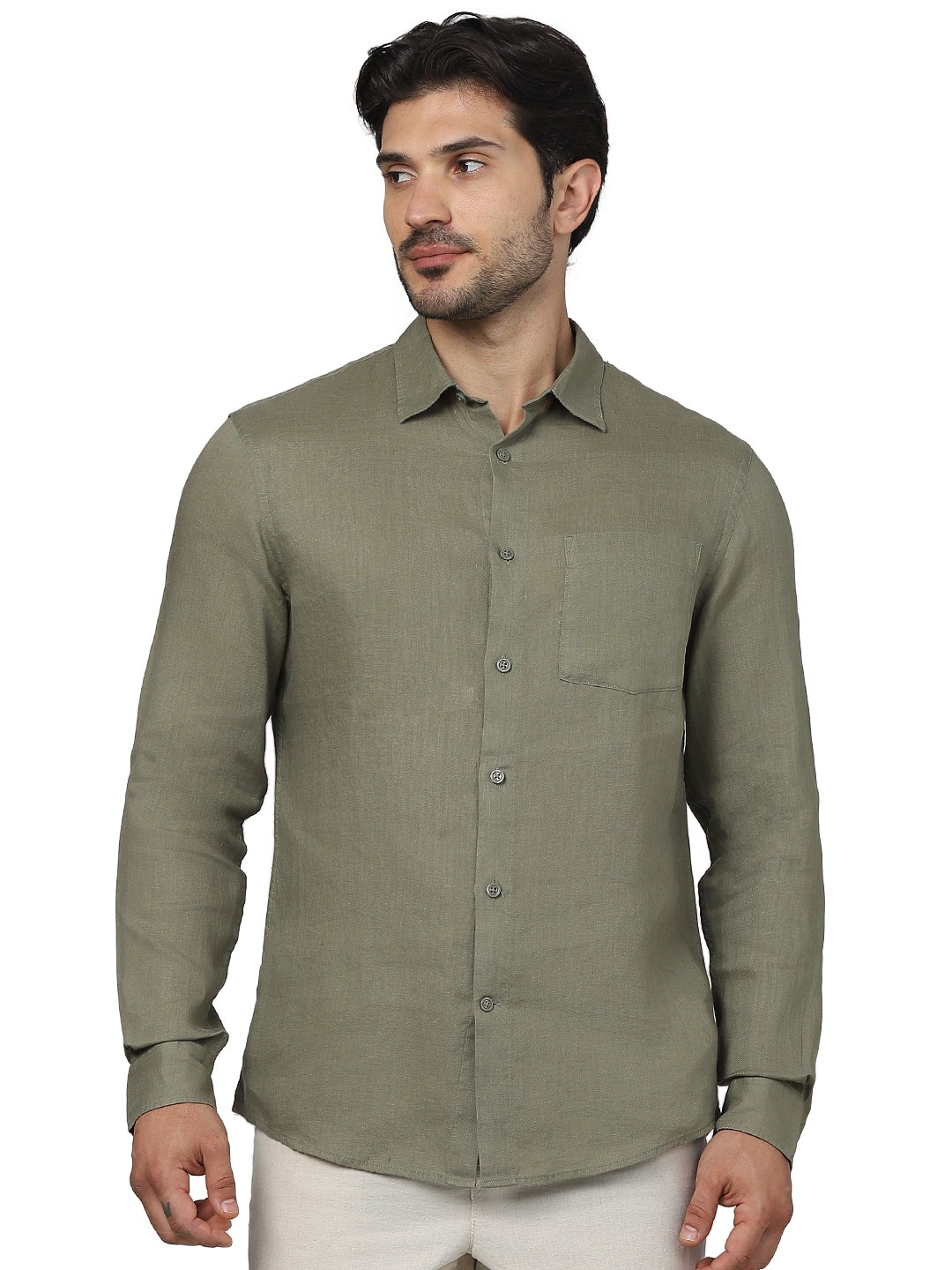 celio | Celio Men Khaki Solid Regular Fit Linen Shirts