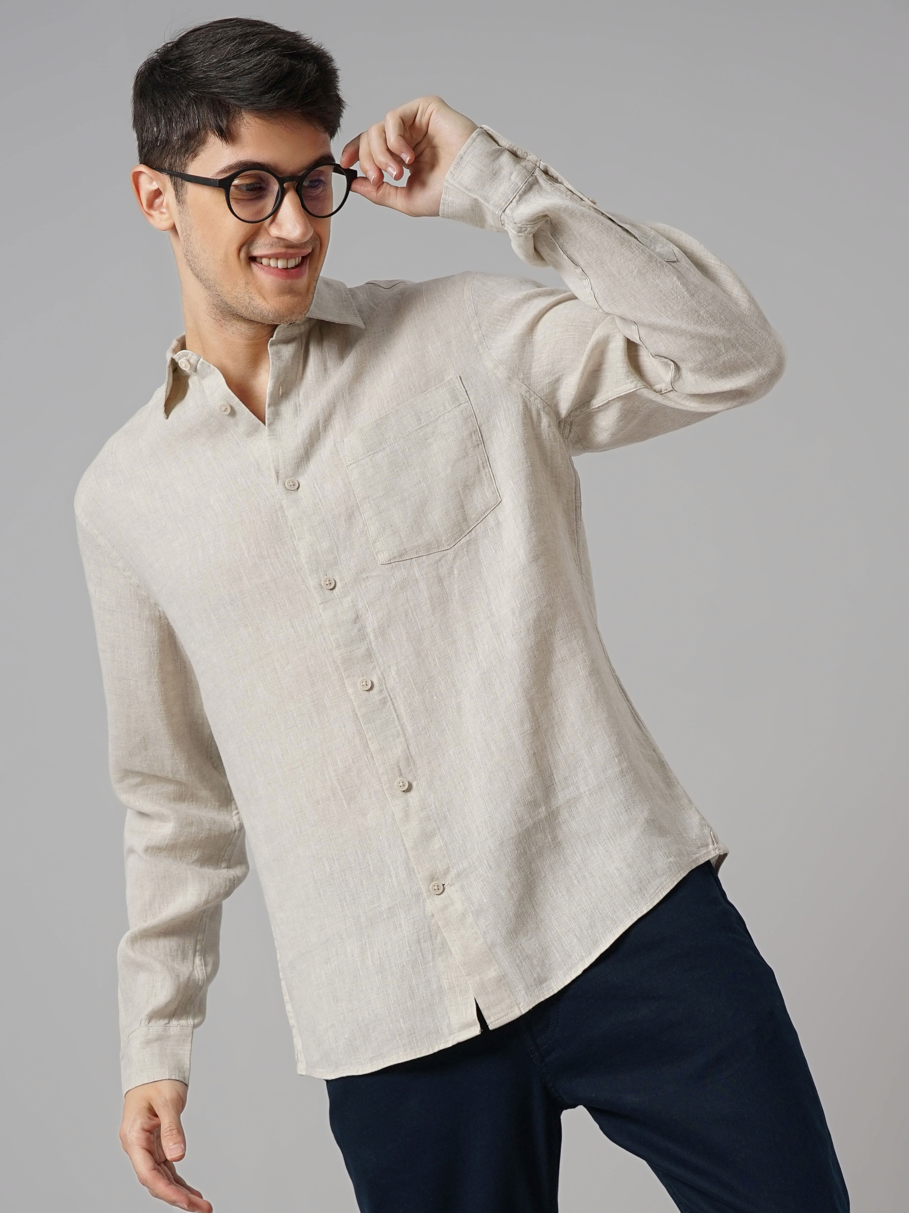 celio | Celio Men Off White Solid Regular Fit Linen Casual Shirt
