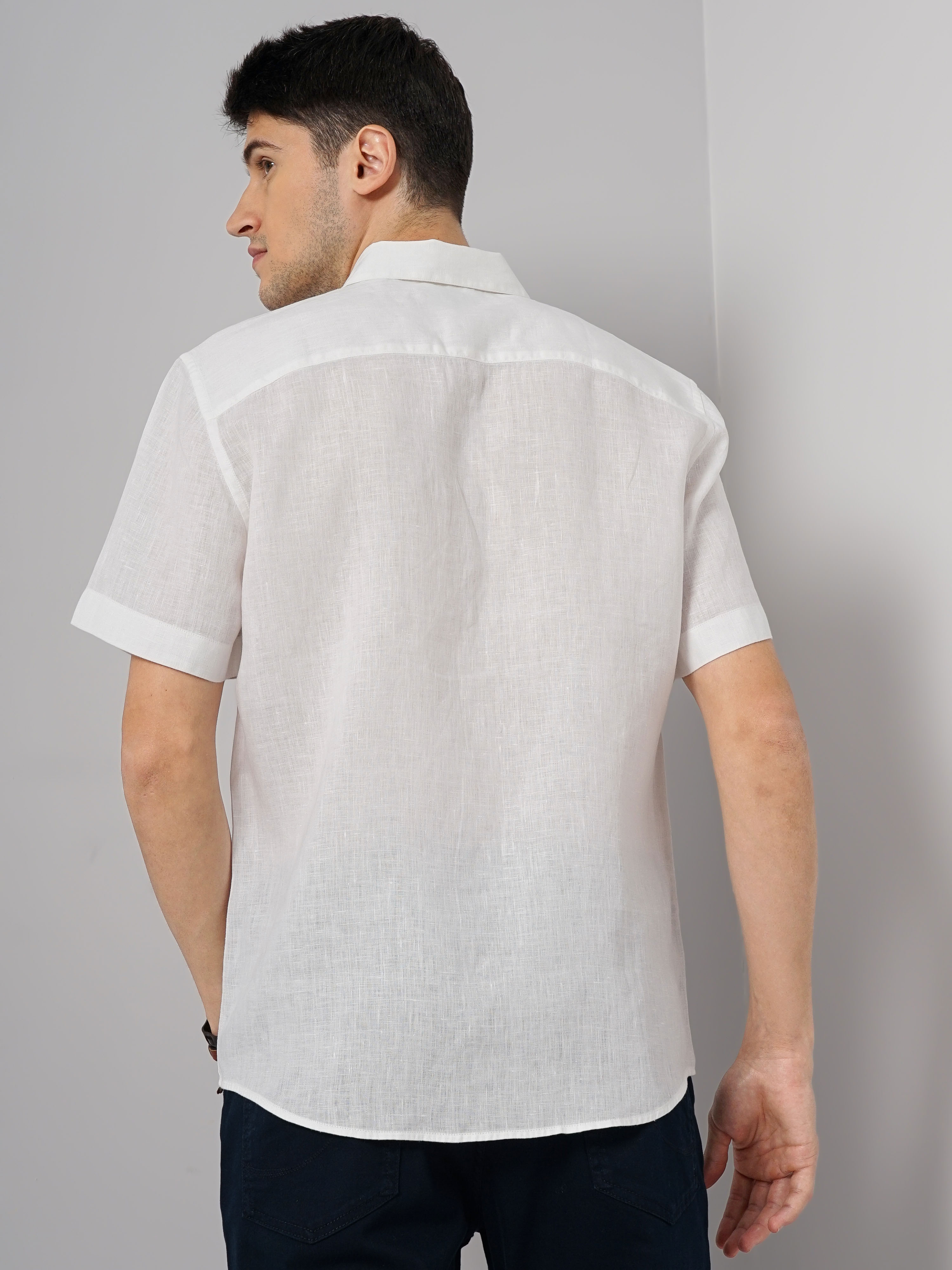 Celio Men White Solid Regular Fit Linen Casual Shirt