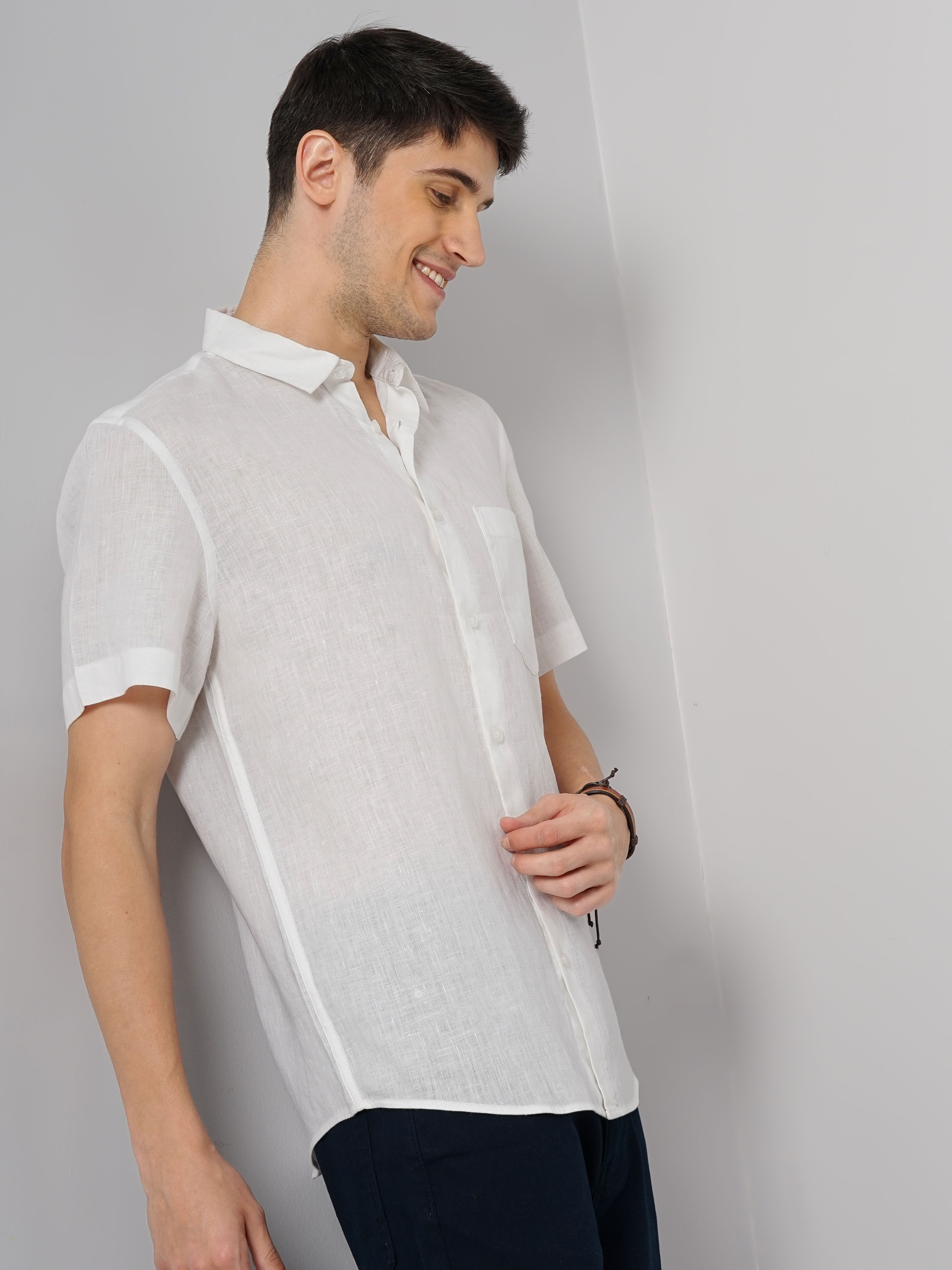 Celio Men White Solid Regular Fit Linen Casual Shirt