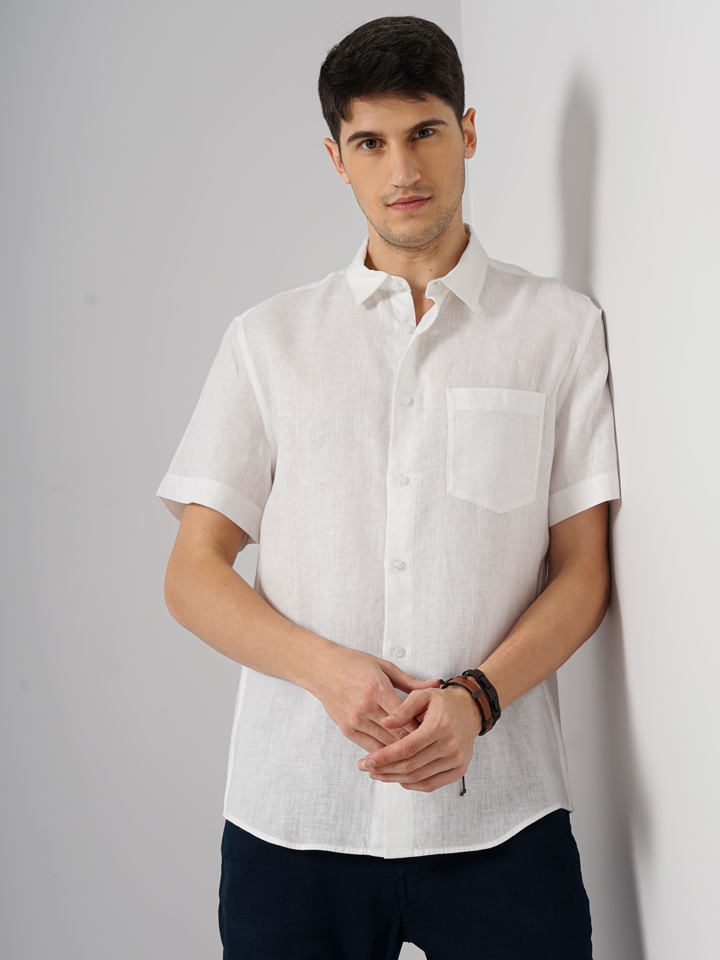 celio | Celio Men White Solid Regular Fit Linen Casual Shirt