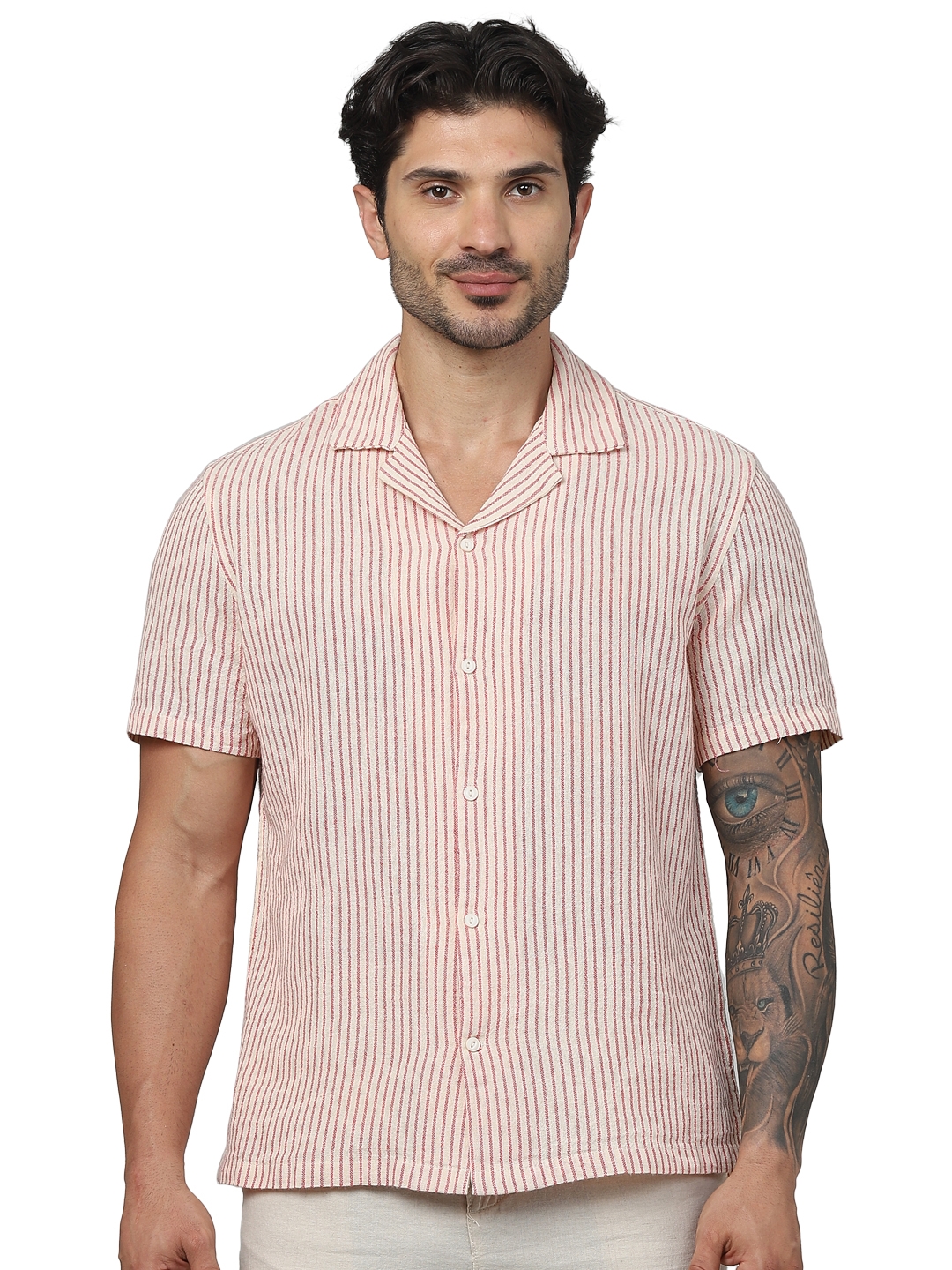 Celio Men Red Striped Regular Fit Cotton Casual Shirts