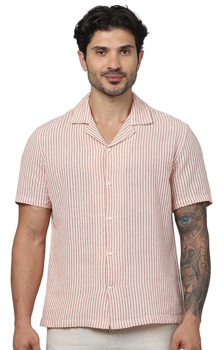 celio | Celio Men Red Striped Regular Fit Cotton Casual Shirts