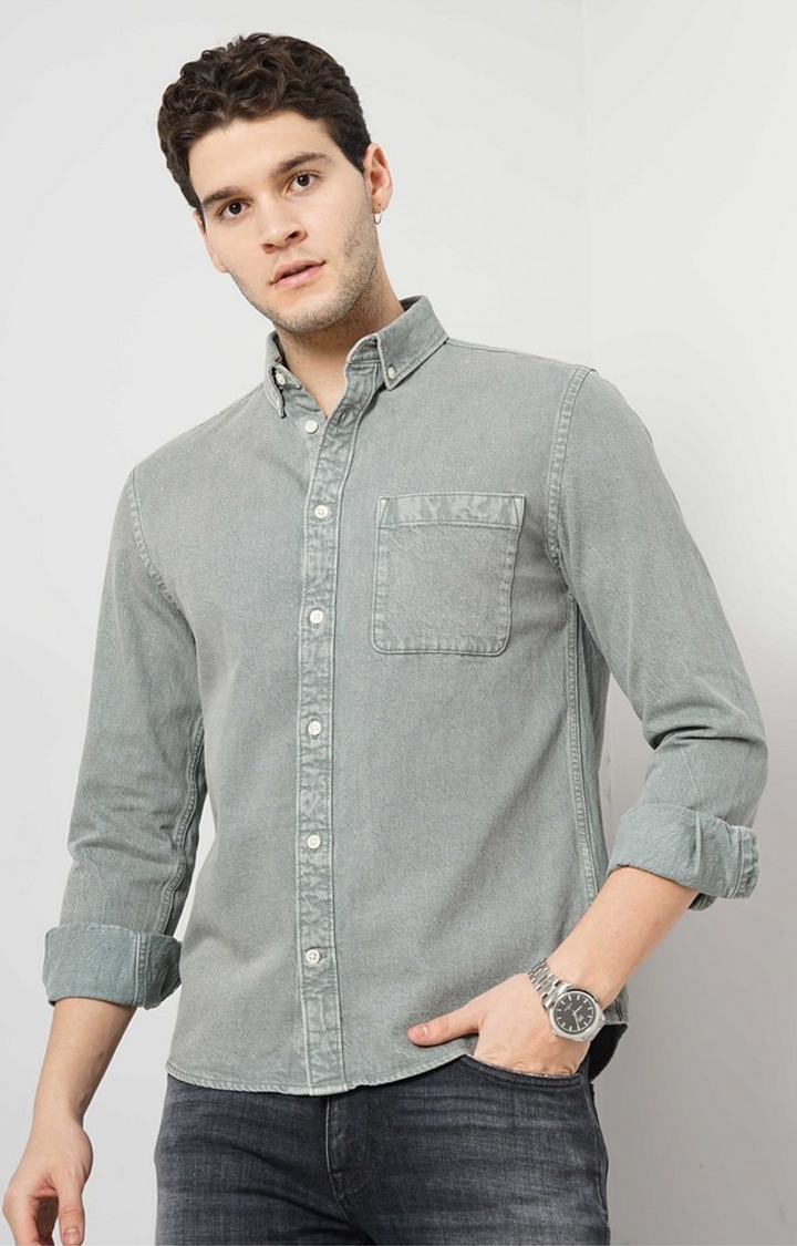 celio | Celio Men Green Faded Regular Fit Cotton Over-Dyed Denim Casual Shirt