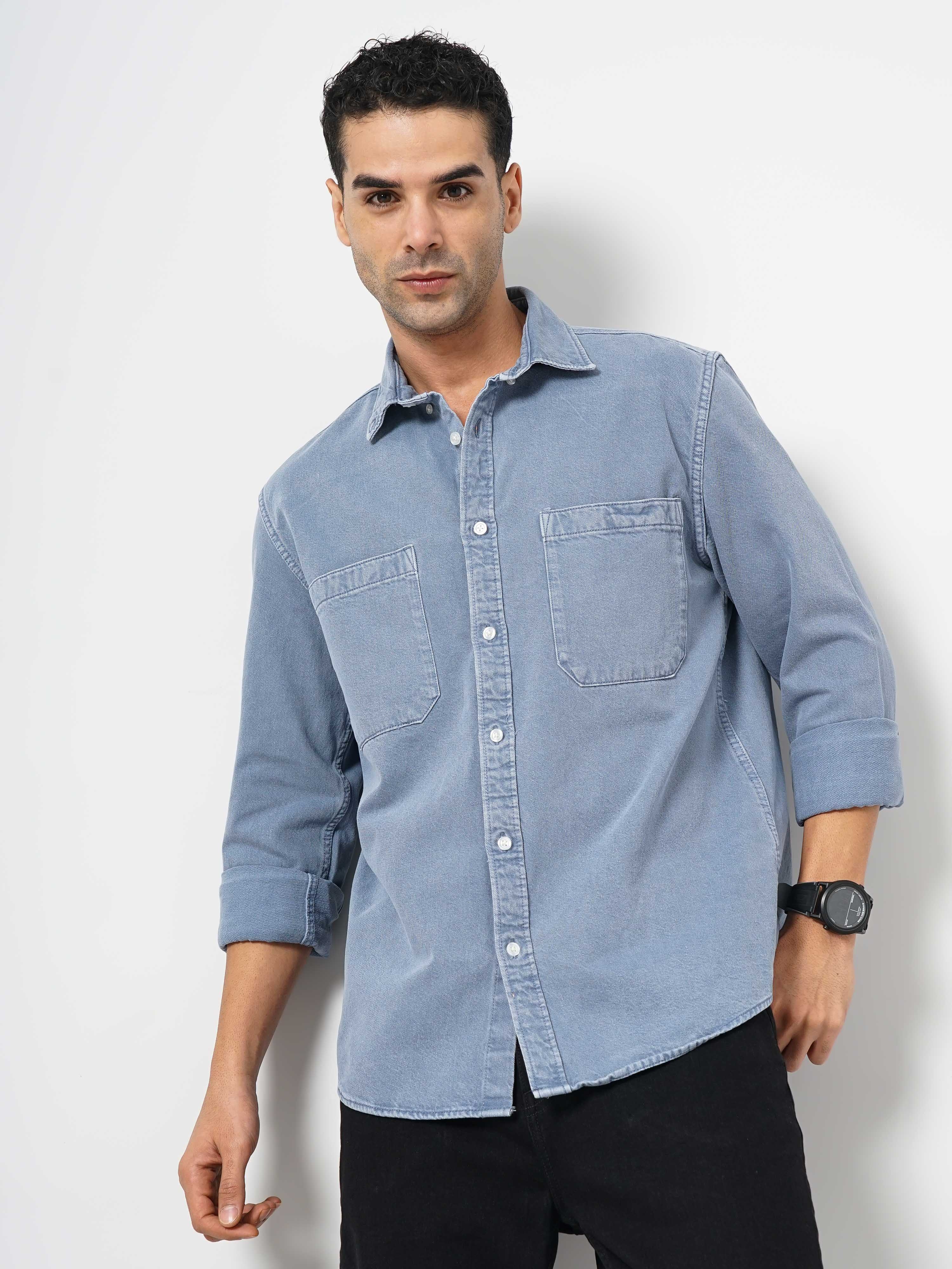 Celio Men Blue Solid Slim Fit Cotton Denim Casual Shirt