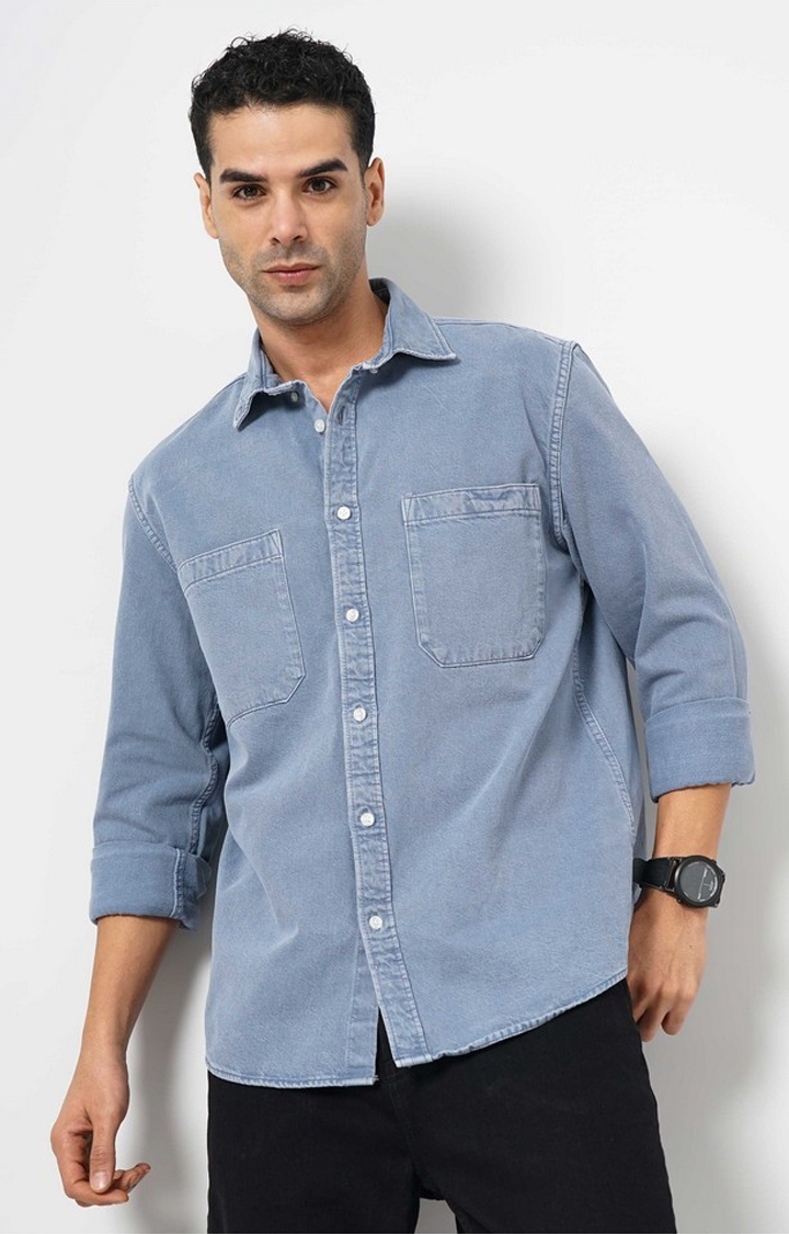 Celio Men Blue Solid Slim Fit Cotton Denim Casual Shirt