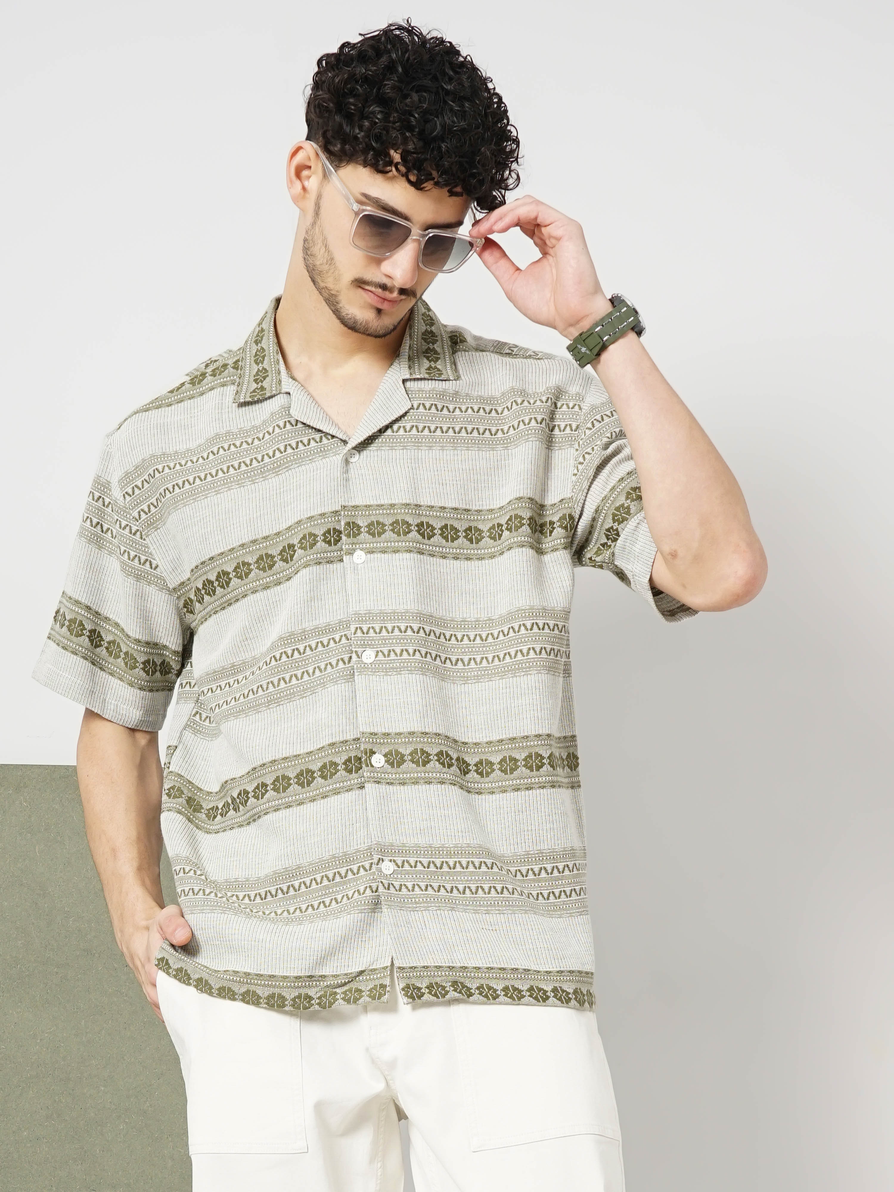 Celio Men Olive Striped Boxy Cotton Casual Shirt