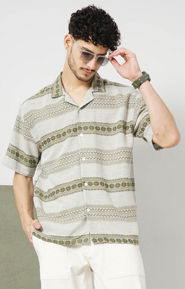 celio | Celio Men Olive Striped Boxy Cotton Casual Shirt