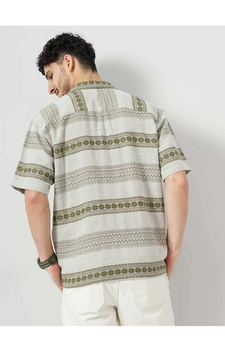 Celio Men Olive Striped Boxy Cotton Casual Shirt