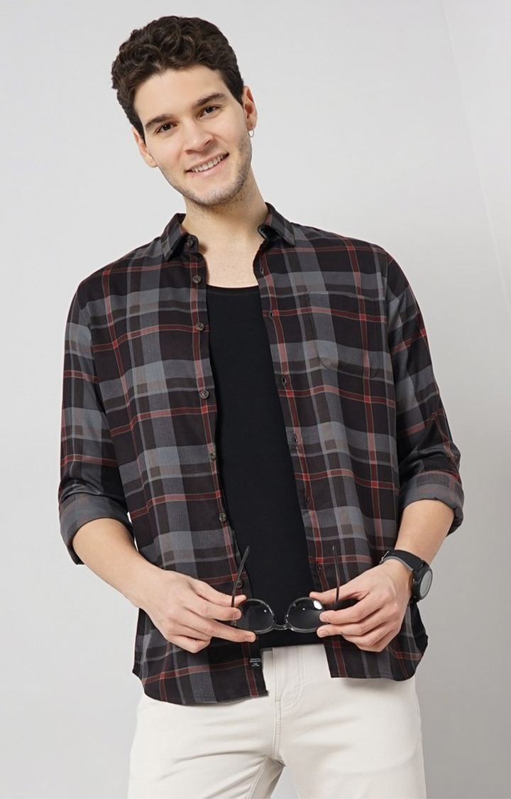 celio | Celio Men Black Checked Regular Fit Viscose Rayon Soft Touch Casual Shirt