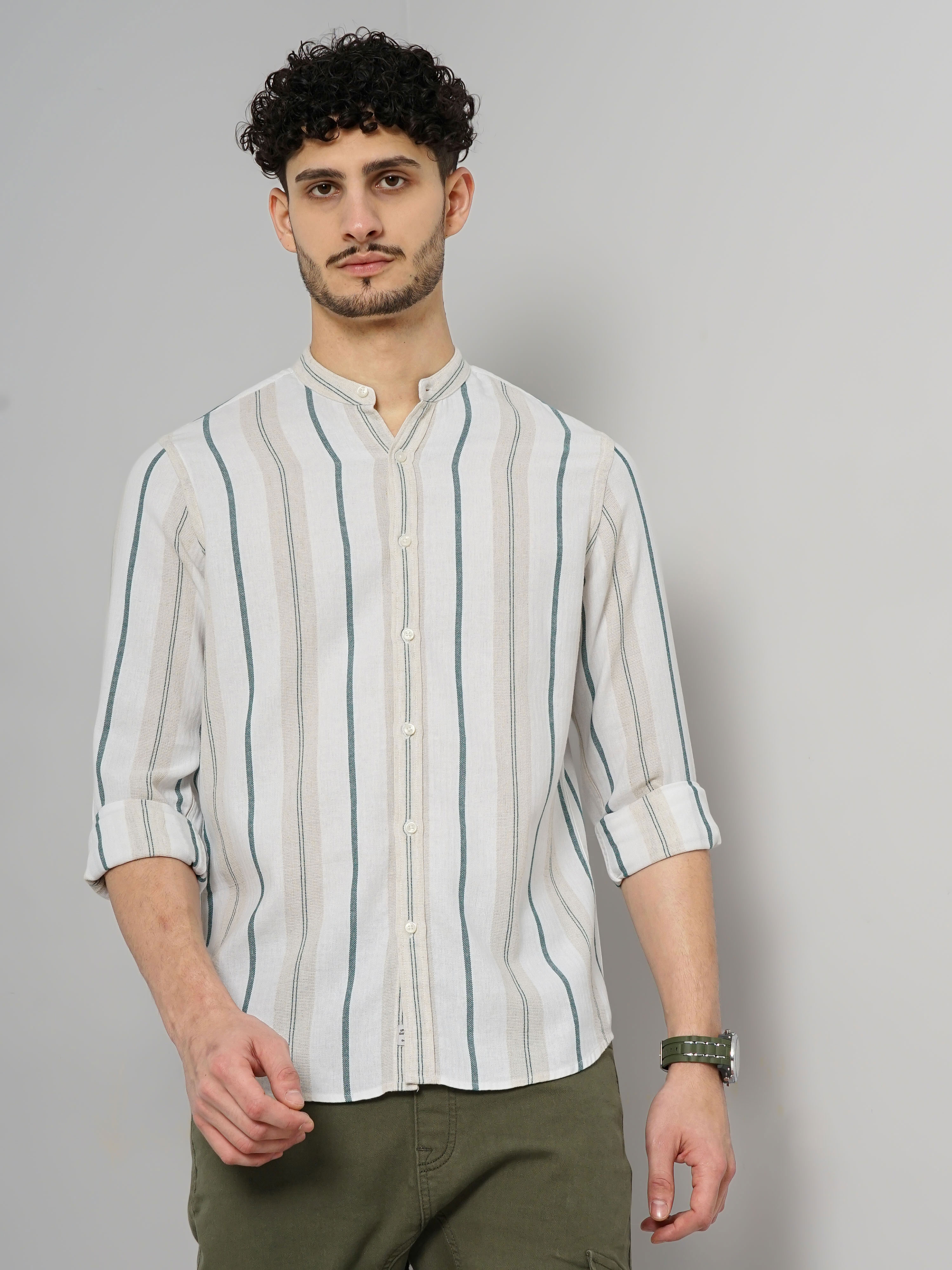 Celio Men Blue Striped Regular Fit Cotton Linen Casual Shirt