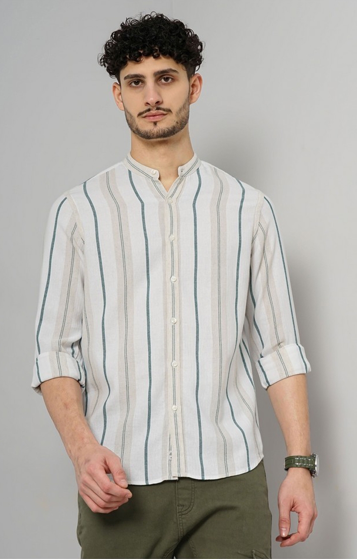 celio | Celio Men Blue Striped Regular Fit Cotton Linen Casual Shirt