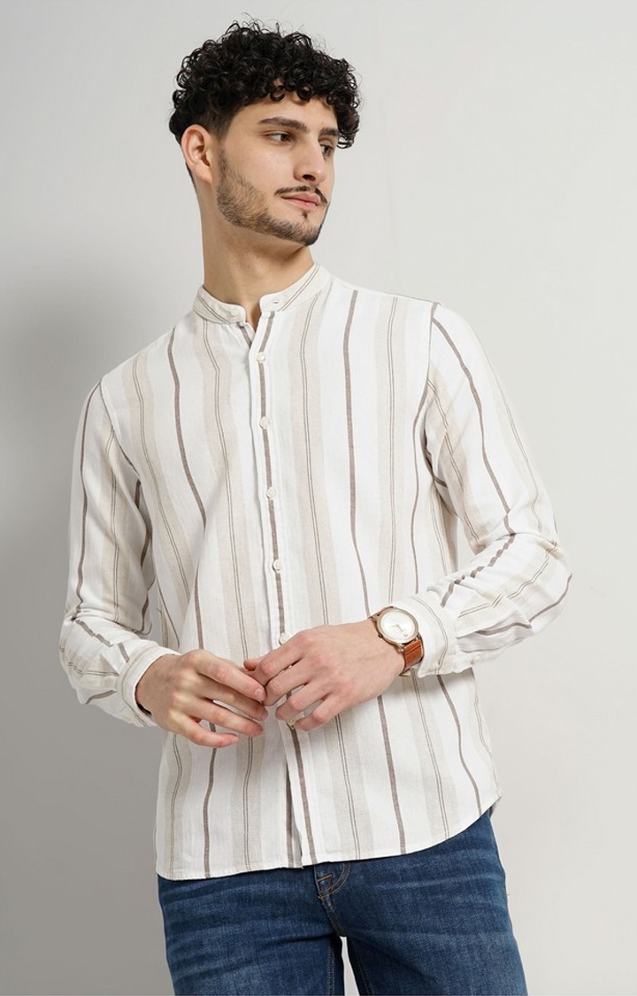 celio | Celio Men Brown Striped Regular Fit Cotton Linen Casual Shirt