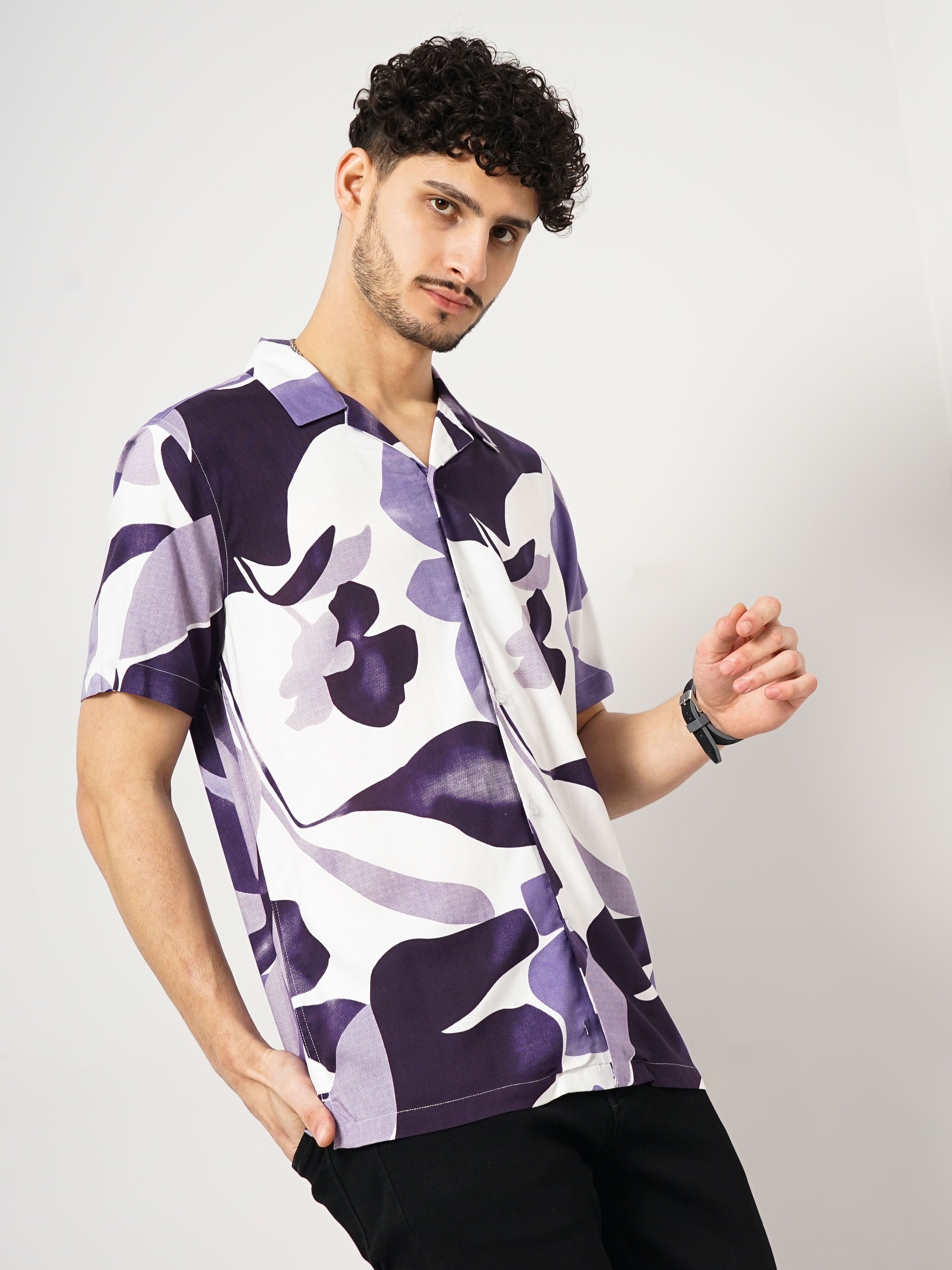 Celio Men Purple Printed Regular Fit Viscose Rayon Soft Touch Casual Shirt