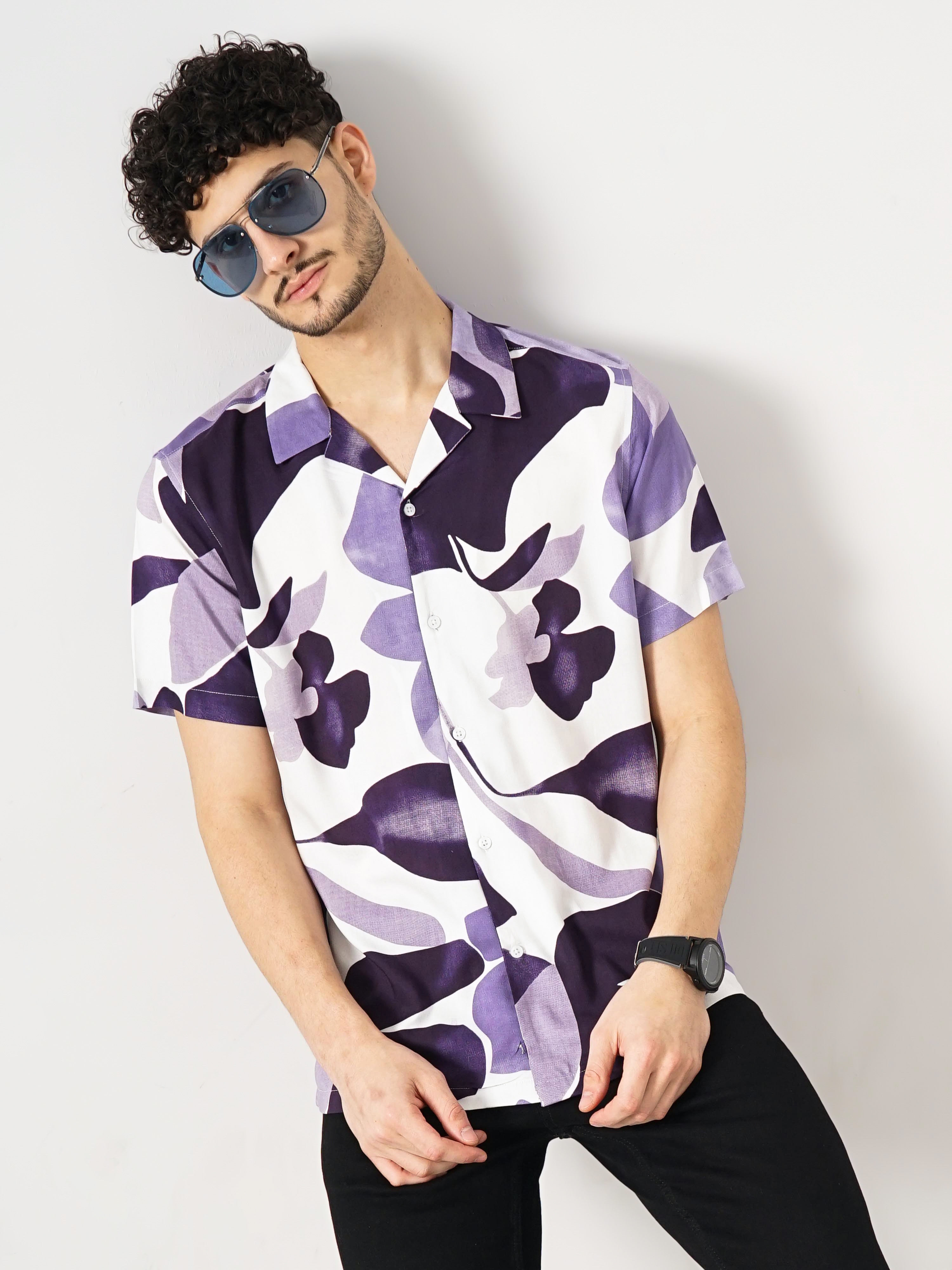 celio | Celio Men Purple Printed Regular Fit Viscose Rayon Soft Touch Casual Shirt