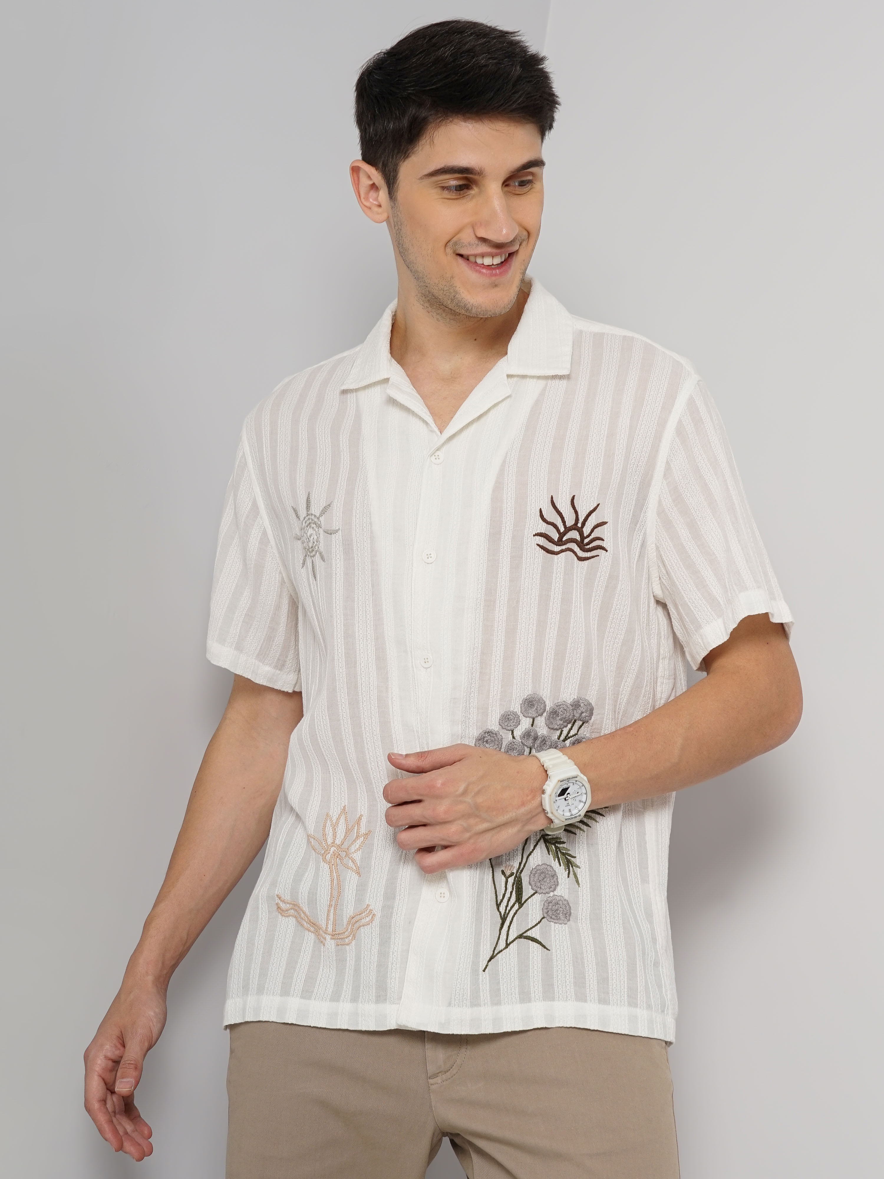 celio | Celio Men White Printed Regular Fit Cotton Casual Shirt