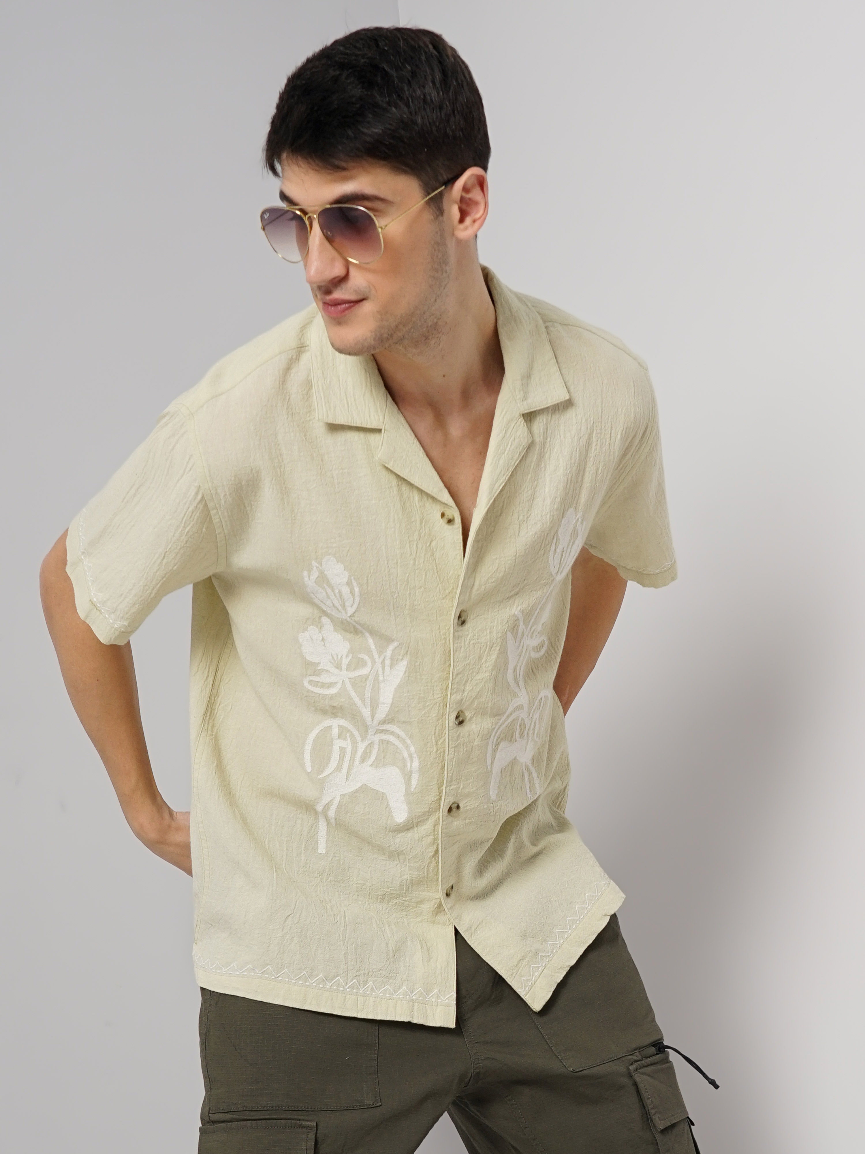 Celio Men Green Printed Regular Fit Cotton Casual Shirt
