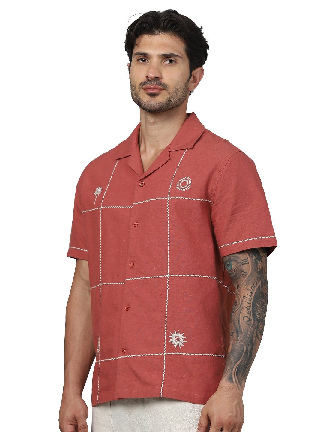 Celio Men Red Embroidered Regular Fit Viscose Rayon Casual Shirts