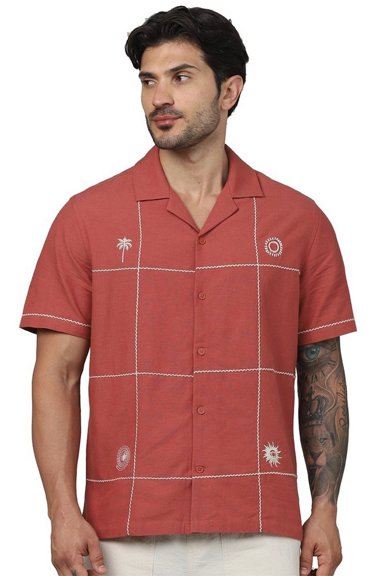 celio | Celio Men Red Embroidered Regular Fit Viscose Rayon Casual Shirts