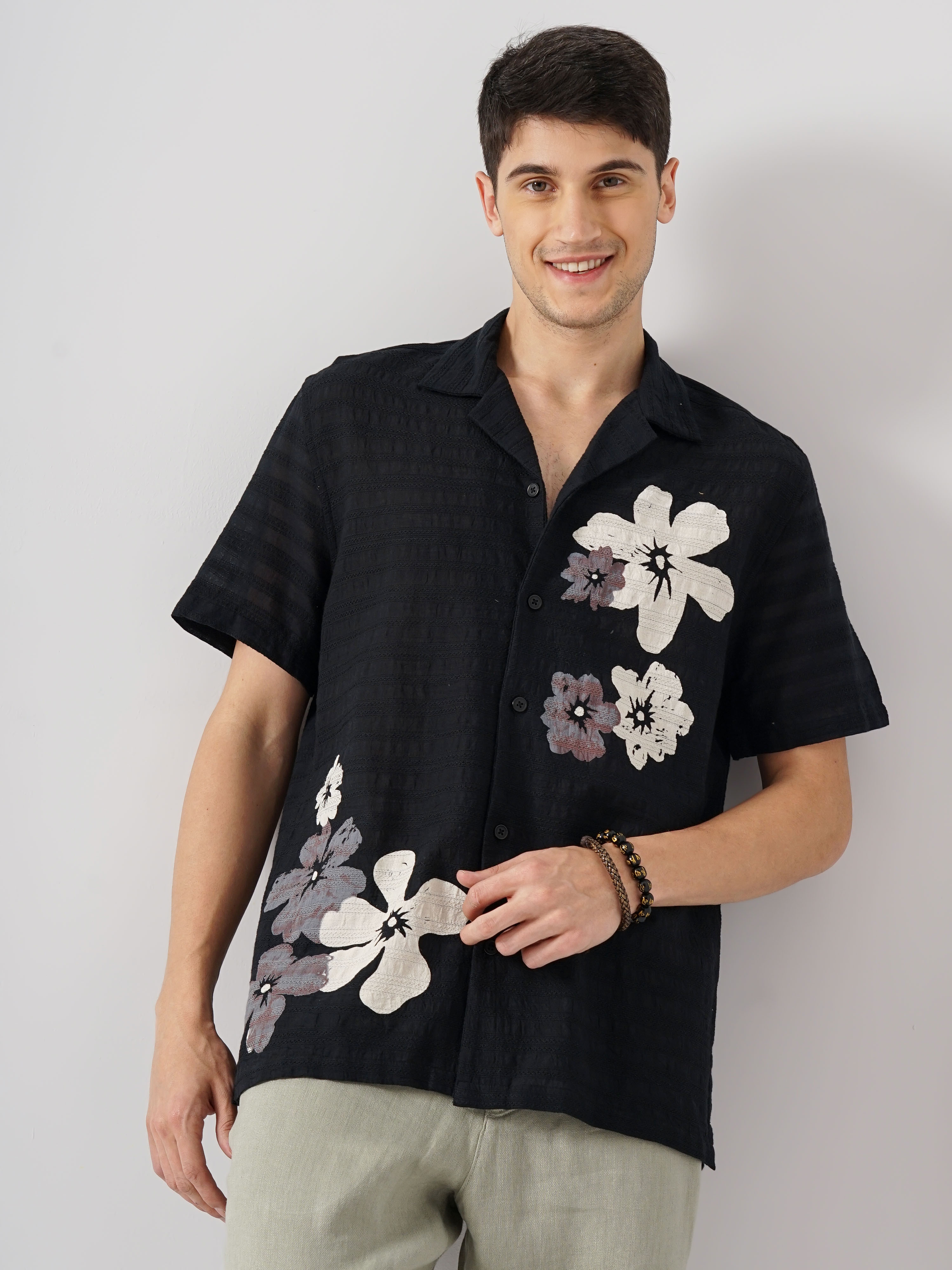 celio | Celio Men Black Printed Regular Fit Cotton Casual Shirt