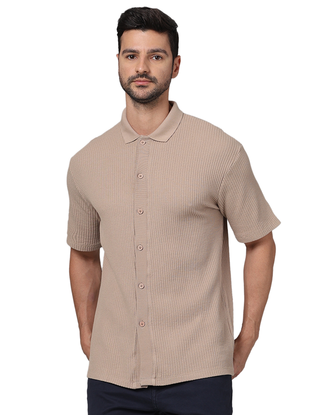 Celio Men Beige Solid Regular Fit Cotton Flat Knit Casual Shirt