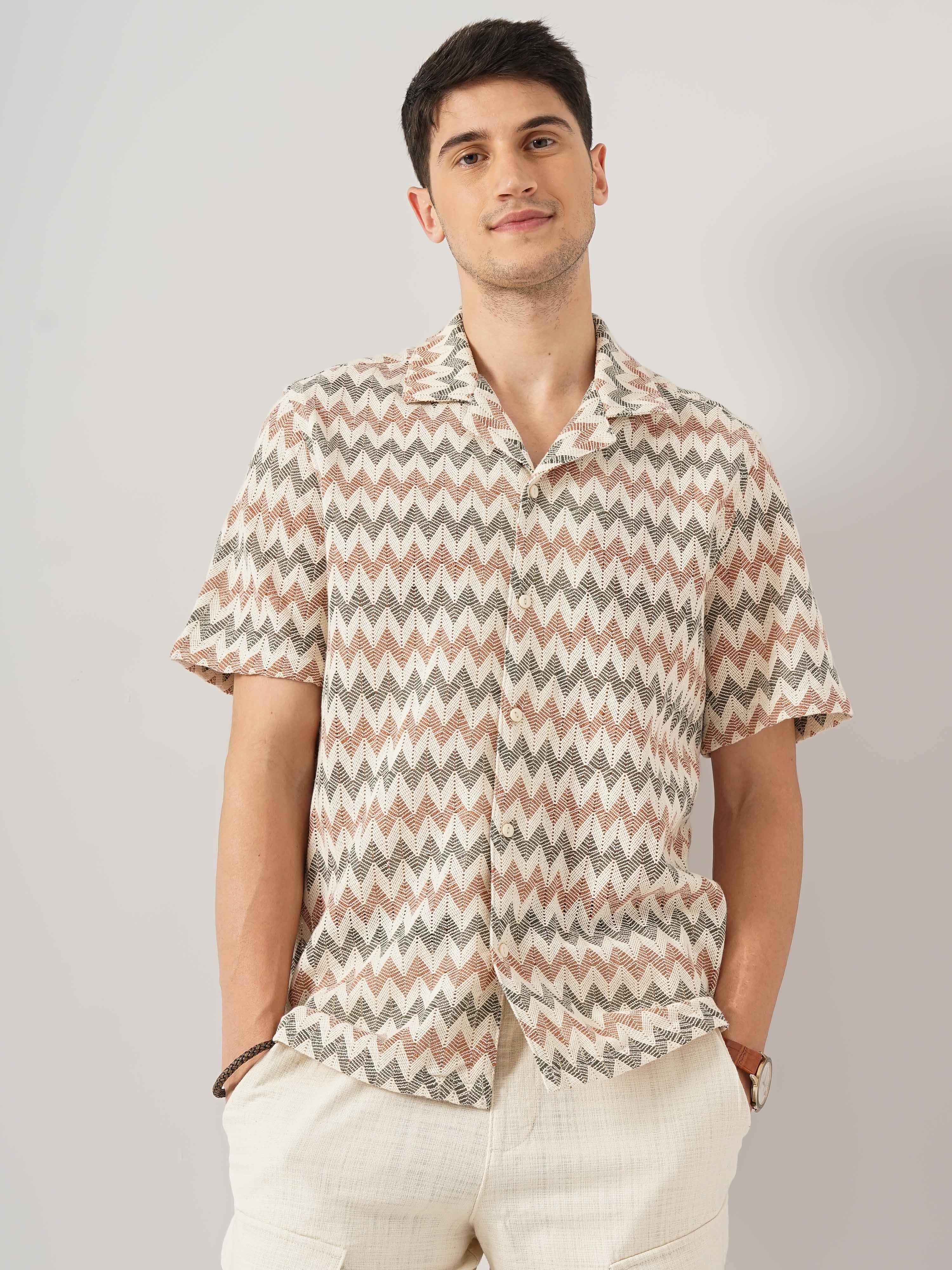 Celio Men Beige Printed Regular Fit Cotton Flatknit Casual Shirt