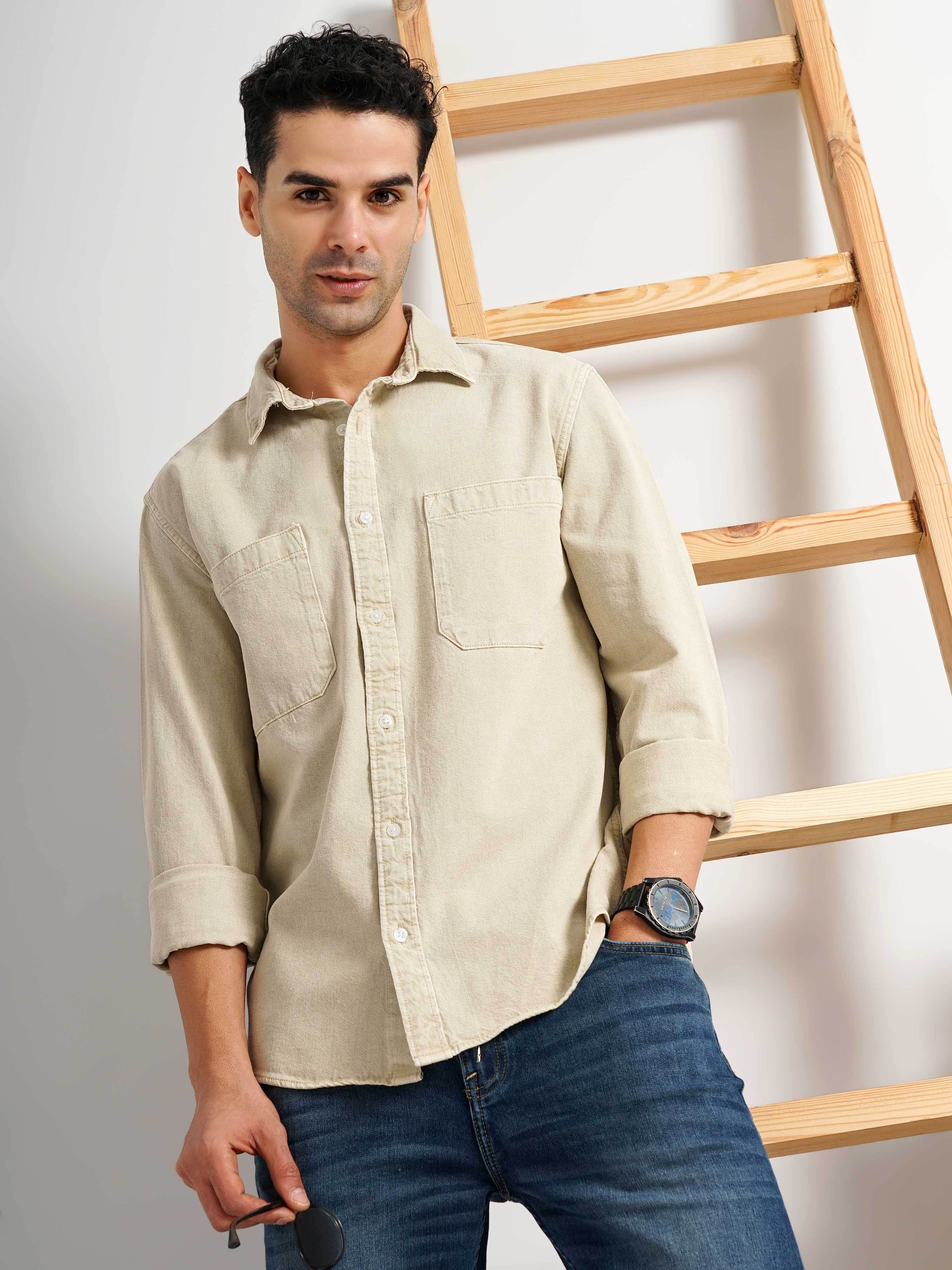 Celio Men Beige Solid Slim Fit Cotton Denim Casual Shirt