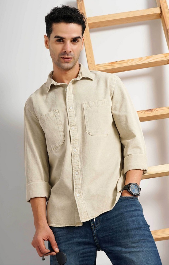 celio | Celio Men Beige Solid Slim Fit Cotton Denim Casual Shirt