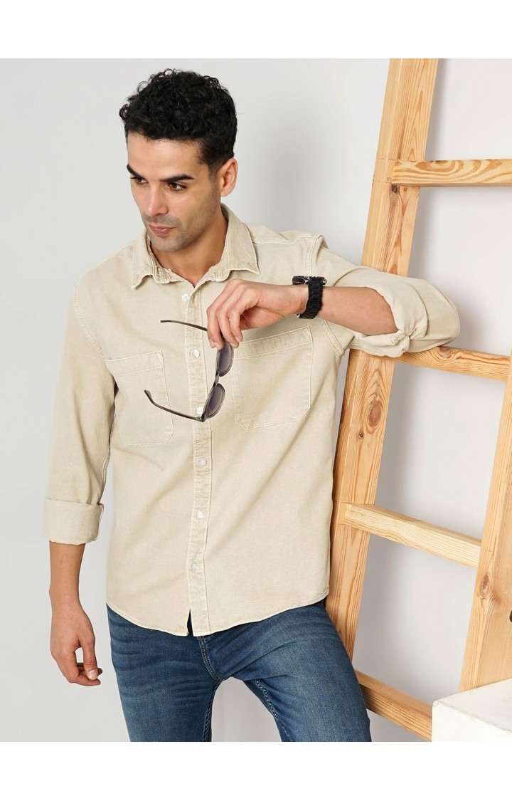 Celio Men Beige Solid Slim Fit Cotton Denim Casual Shirt
