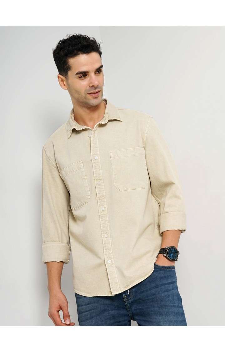 Celio Men Beige Solid Slim Fit Cotton Denim Casual Shirt