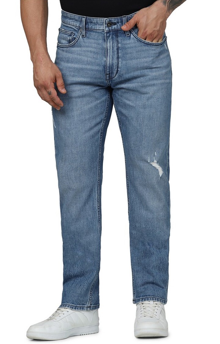 Celio Men Blue Solid Slim Fit Cotton Italian Distress Twill Denim Jeans