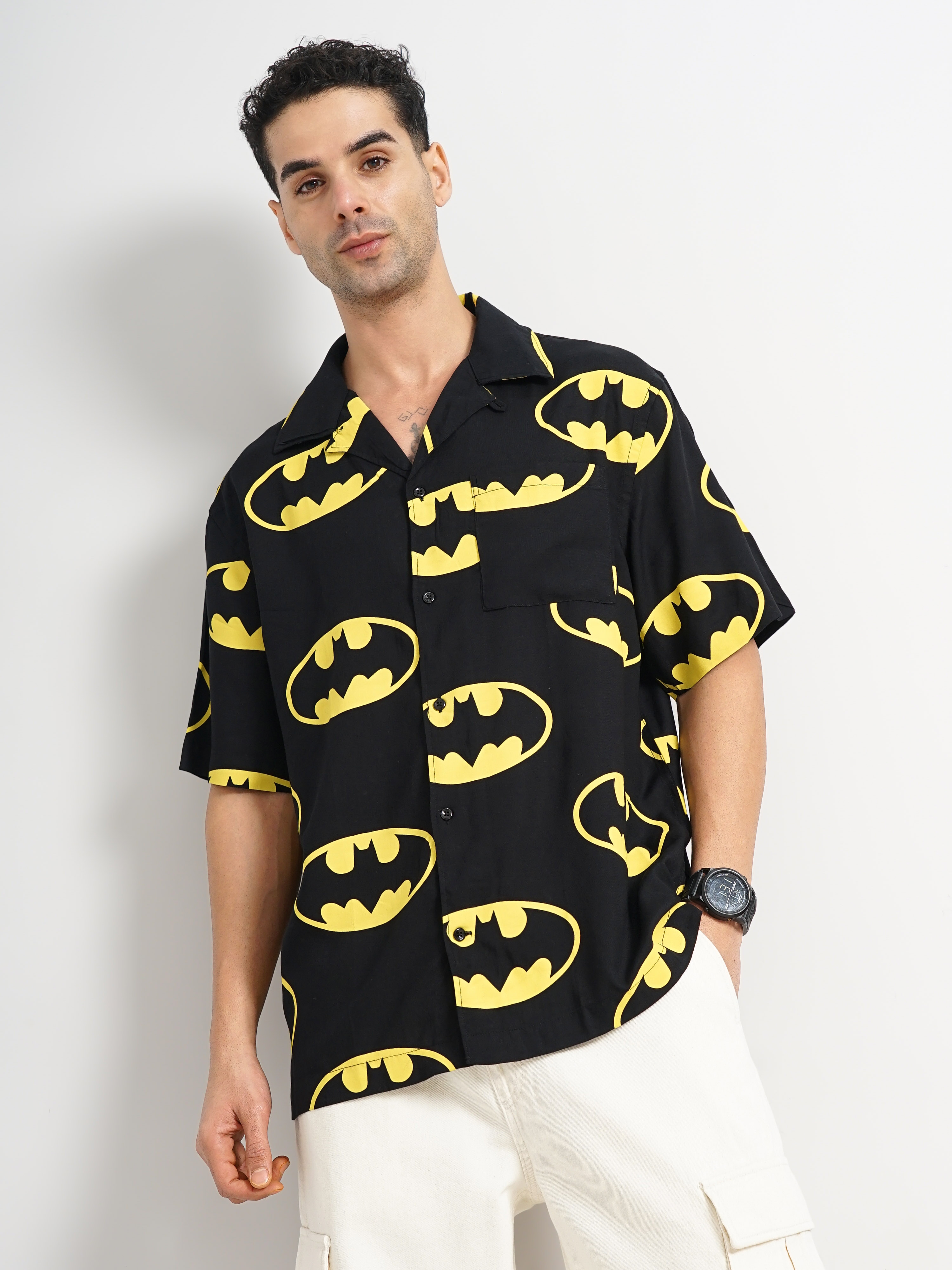 Celio Men Black Printed Regular Fit Cotton Batman Casual Shirt