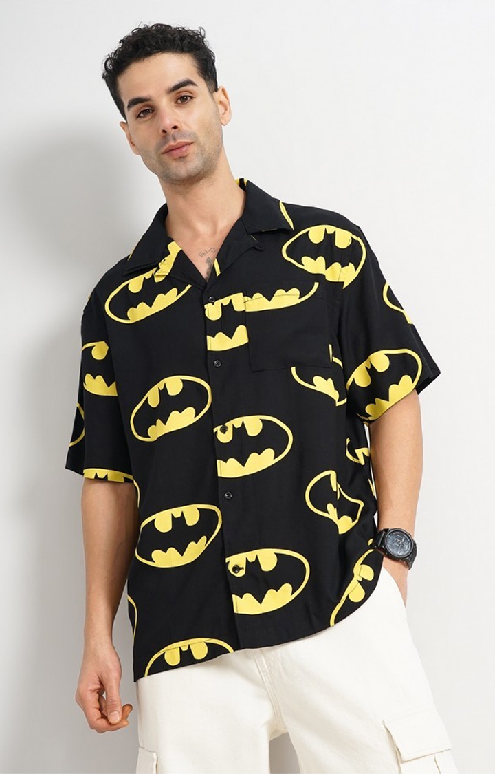 celio | Celio Men Black Printed Regular Fit Cotton Batman Casual Shirt