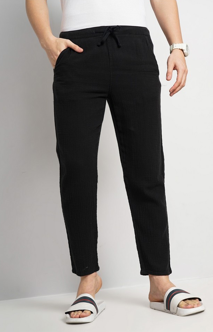 celio | Celio Men Black Solid Regular Fit Cotton Fashion Trousers