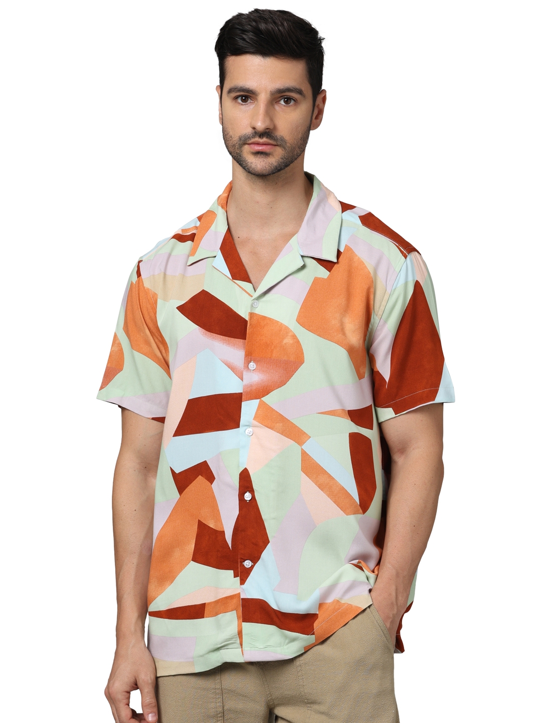 Celio Men Orange Printed Regular Fit Viscose Rayon Soft Touch Shirts