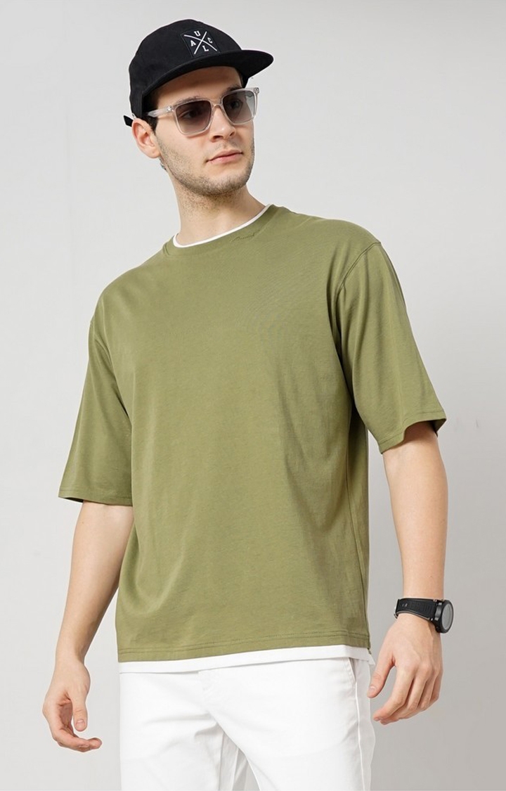 celio | Celio Men Olive Solid Regular Fit Cotton Tshirts