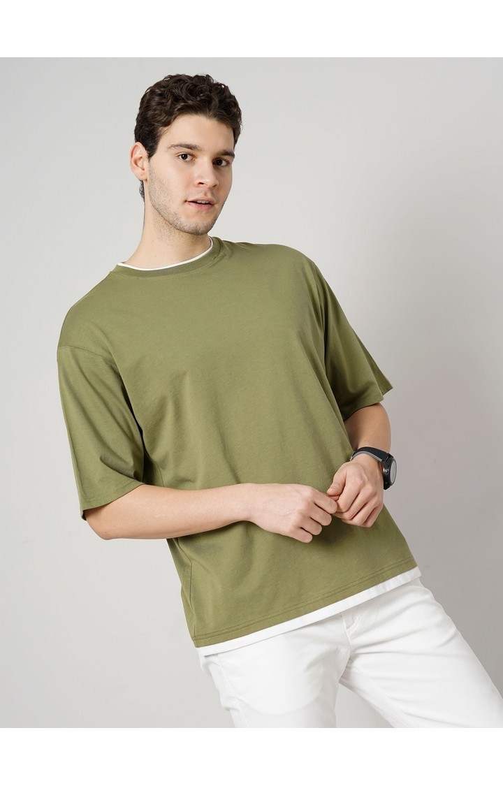Celio Men Olive Solid Regular Fit Cotton Tshirts