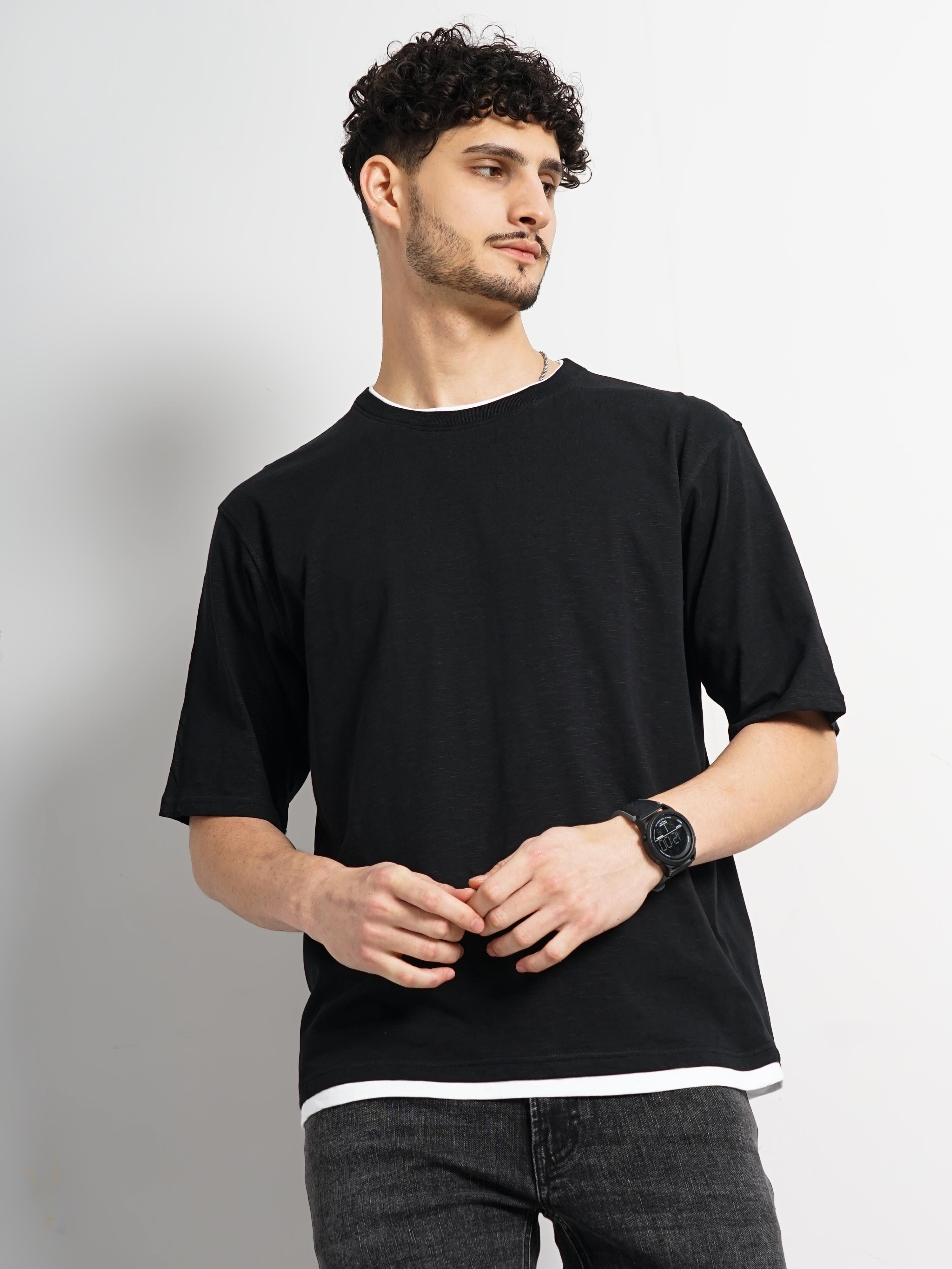 celio | Celio Men Black Solid Regular Fit Cotton Denim Tshirt