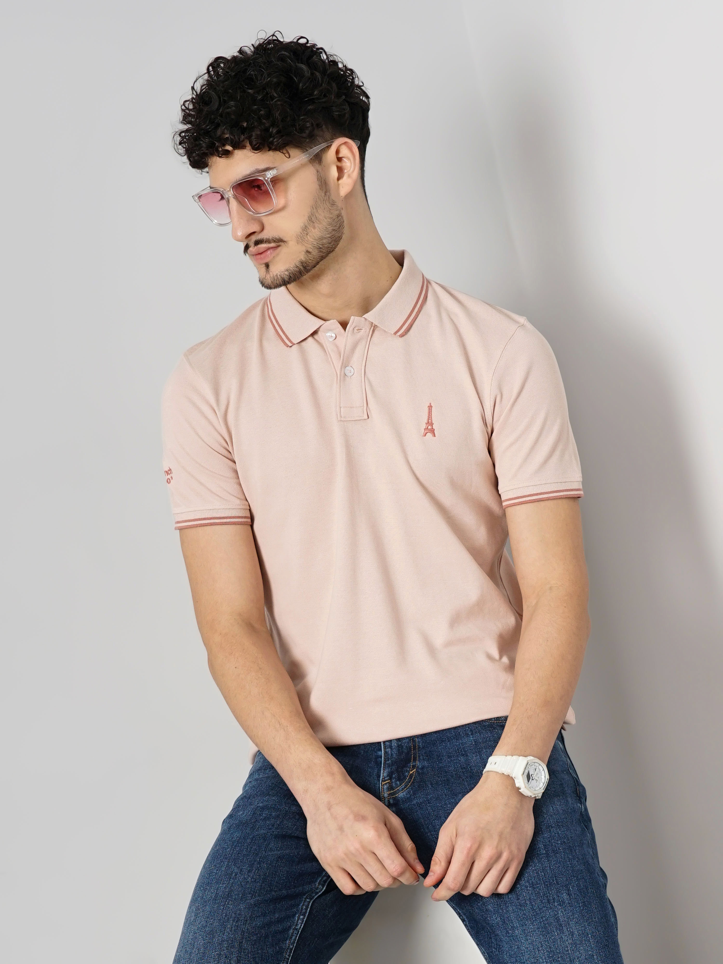Celio Men Pink Solid Regular Fit Cotton Pique Basic Polo Tshirt