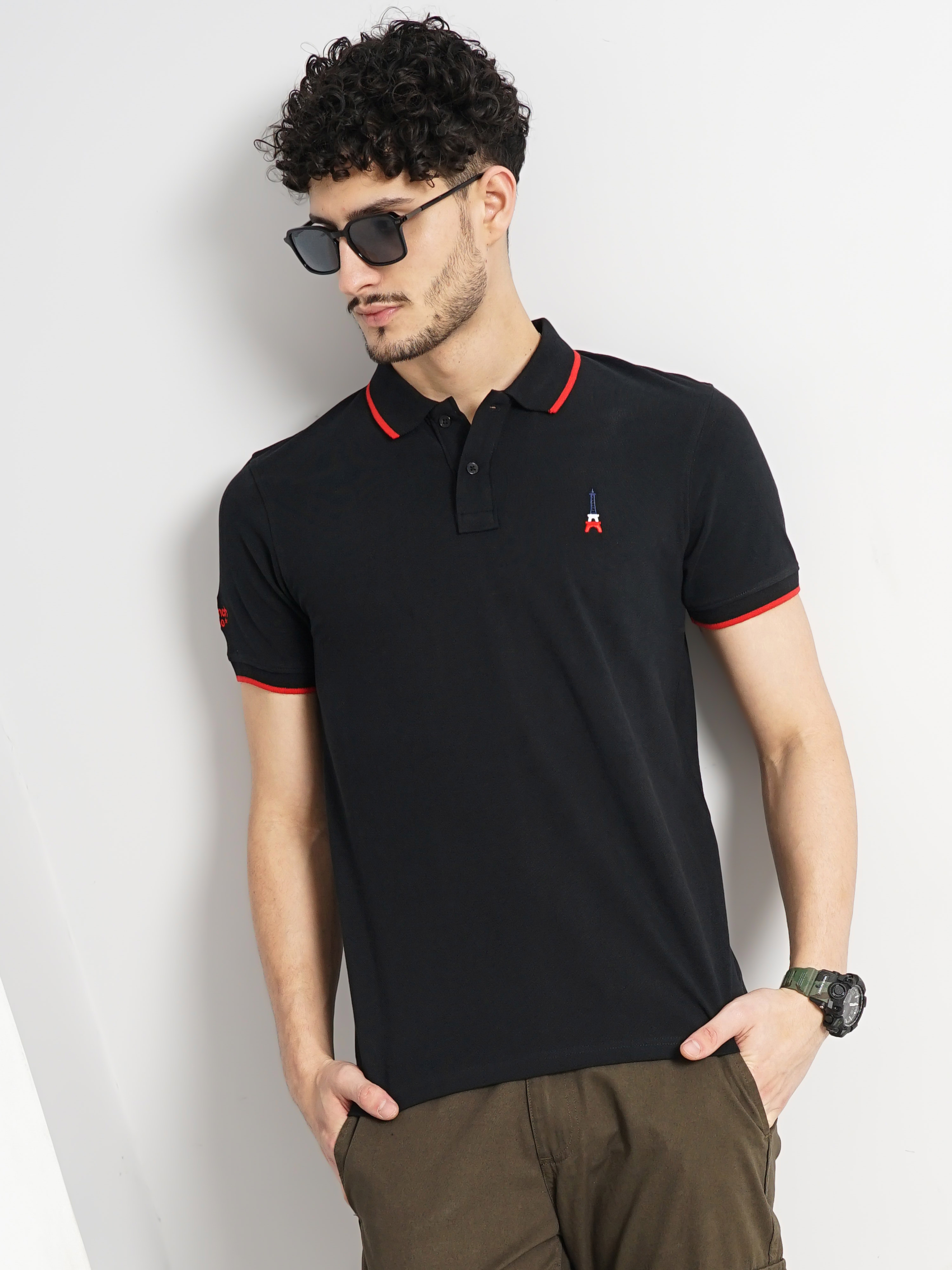 Celio Men Black Solid Regular Fit Cotton Pique Basic Polo Tshirt
