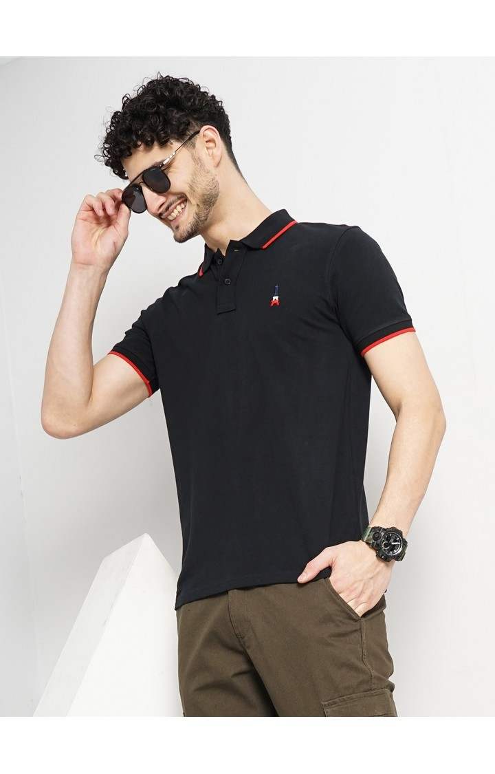 Celio Men Black Solid Regular Fit Cotton Pique Basic Polo Tshirt