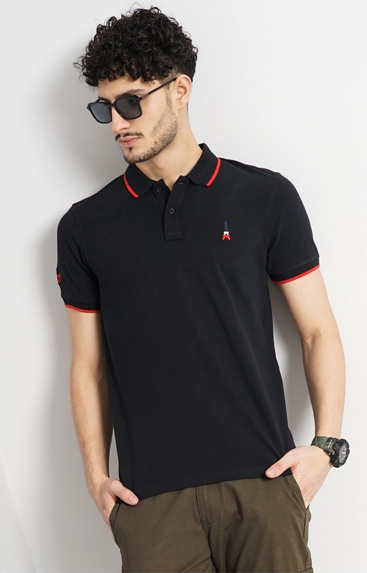 celio | Celio Men Black Solid Regular Fit Cotton Pique Basic Polo Tshirt