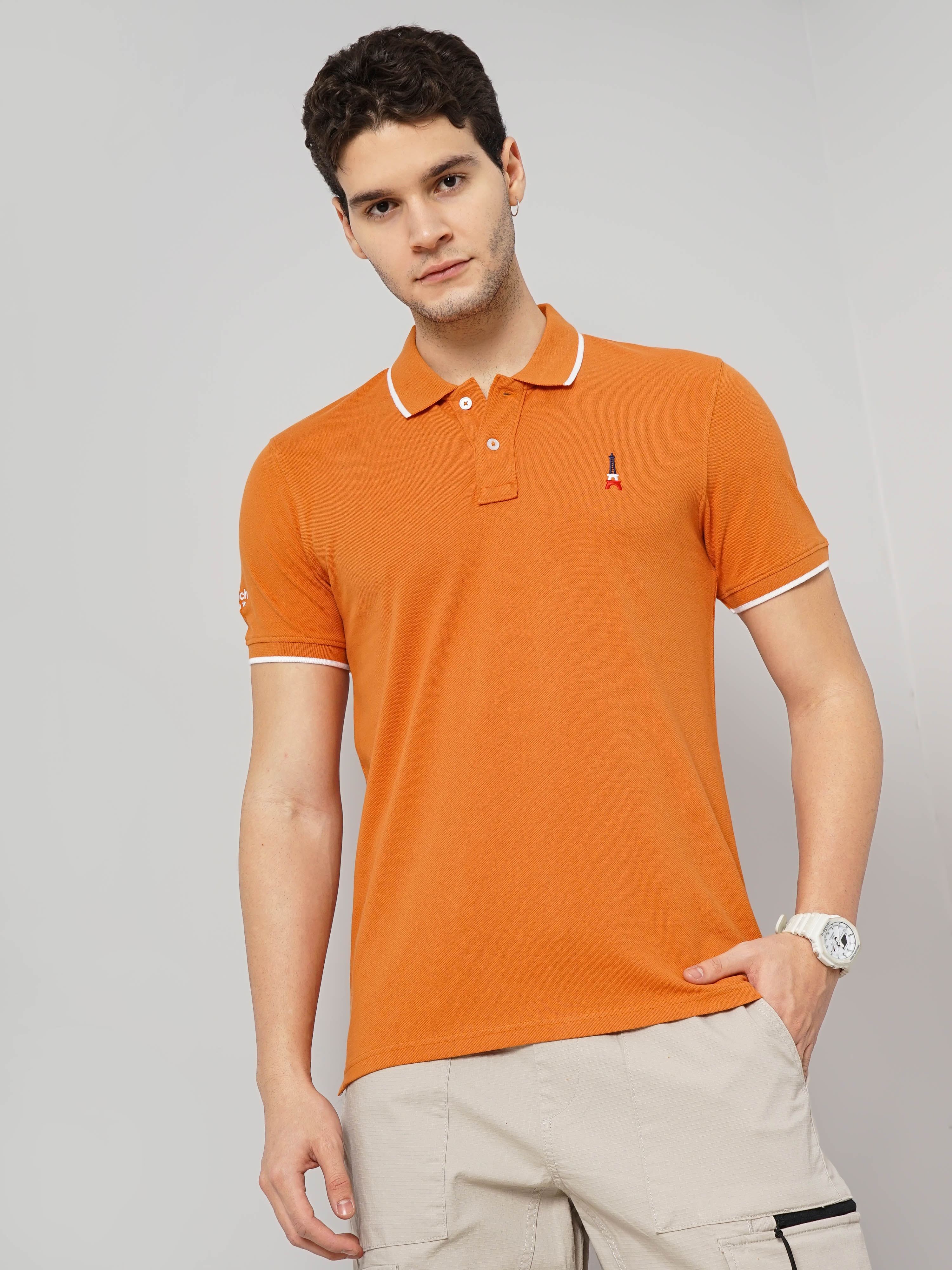 Celio Men Orange Solid Regular Fit Cotton Pique Basic Polo Tshirt