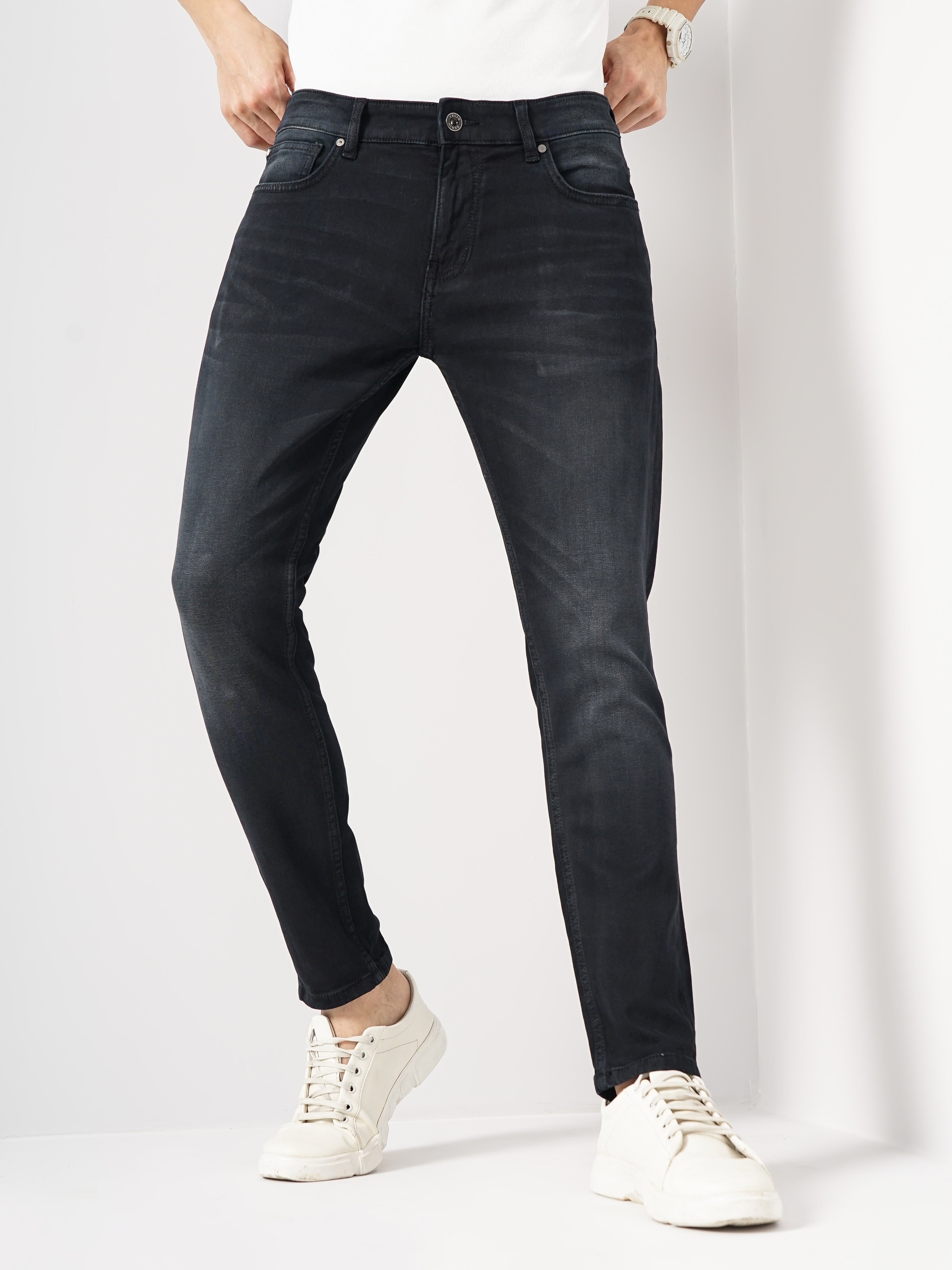 celio | Celio Men Black Solid Skinny Fit Cotton Ankle Length Jeans