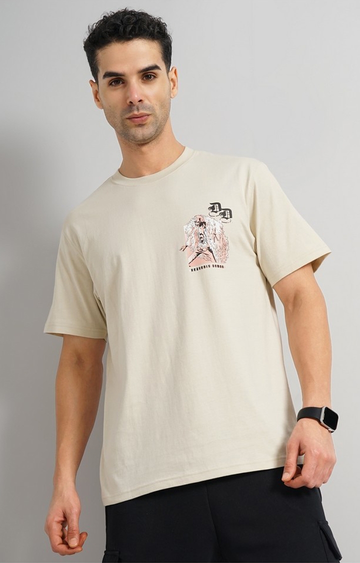 celio | Celio Men Beige Printed Regular Fit Pure Cotton One Piece Tshirt