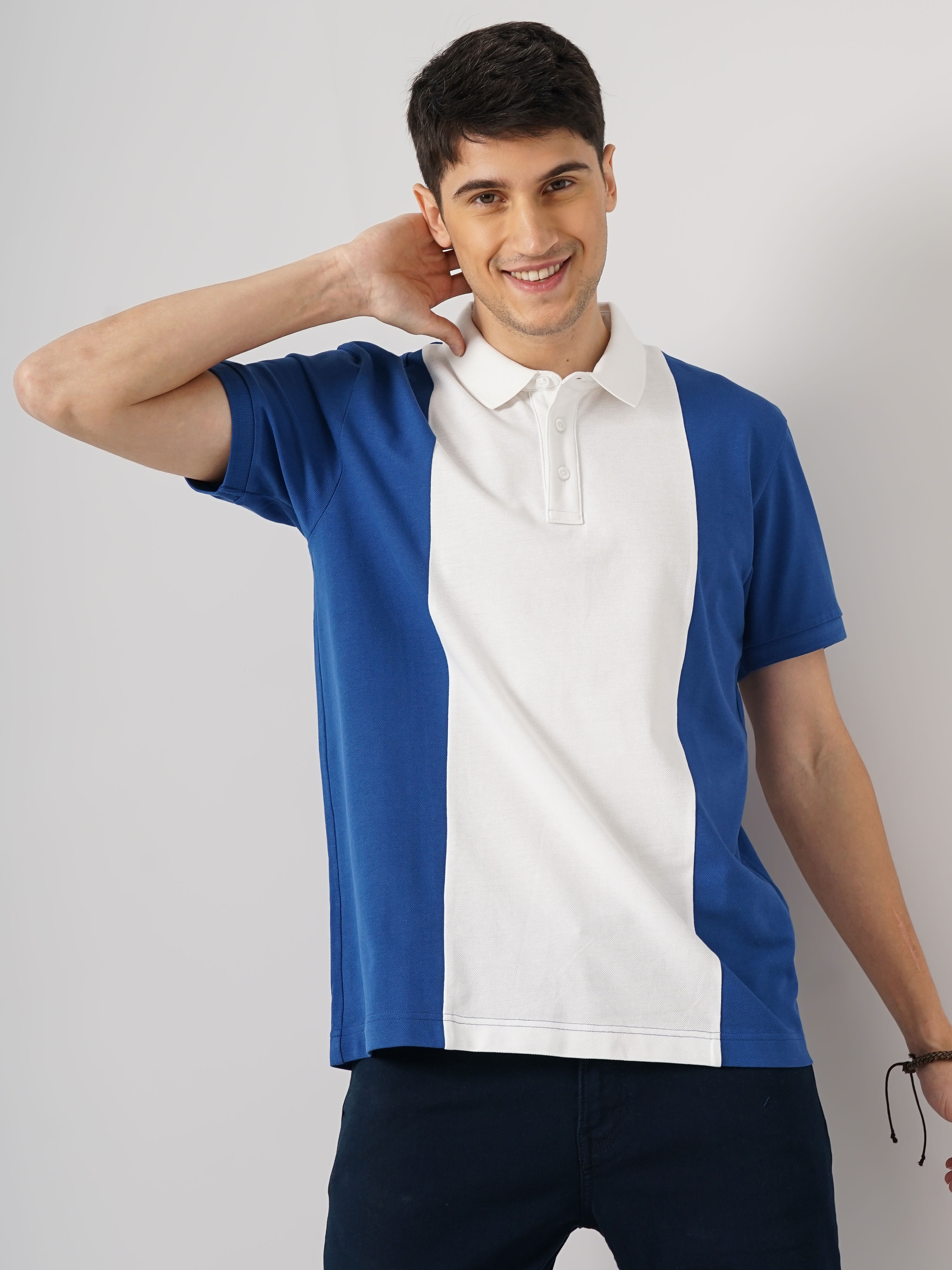 Celio Men Blue Colourblocked Regular Fit Cotton Fashion Polo T-Shirt